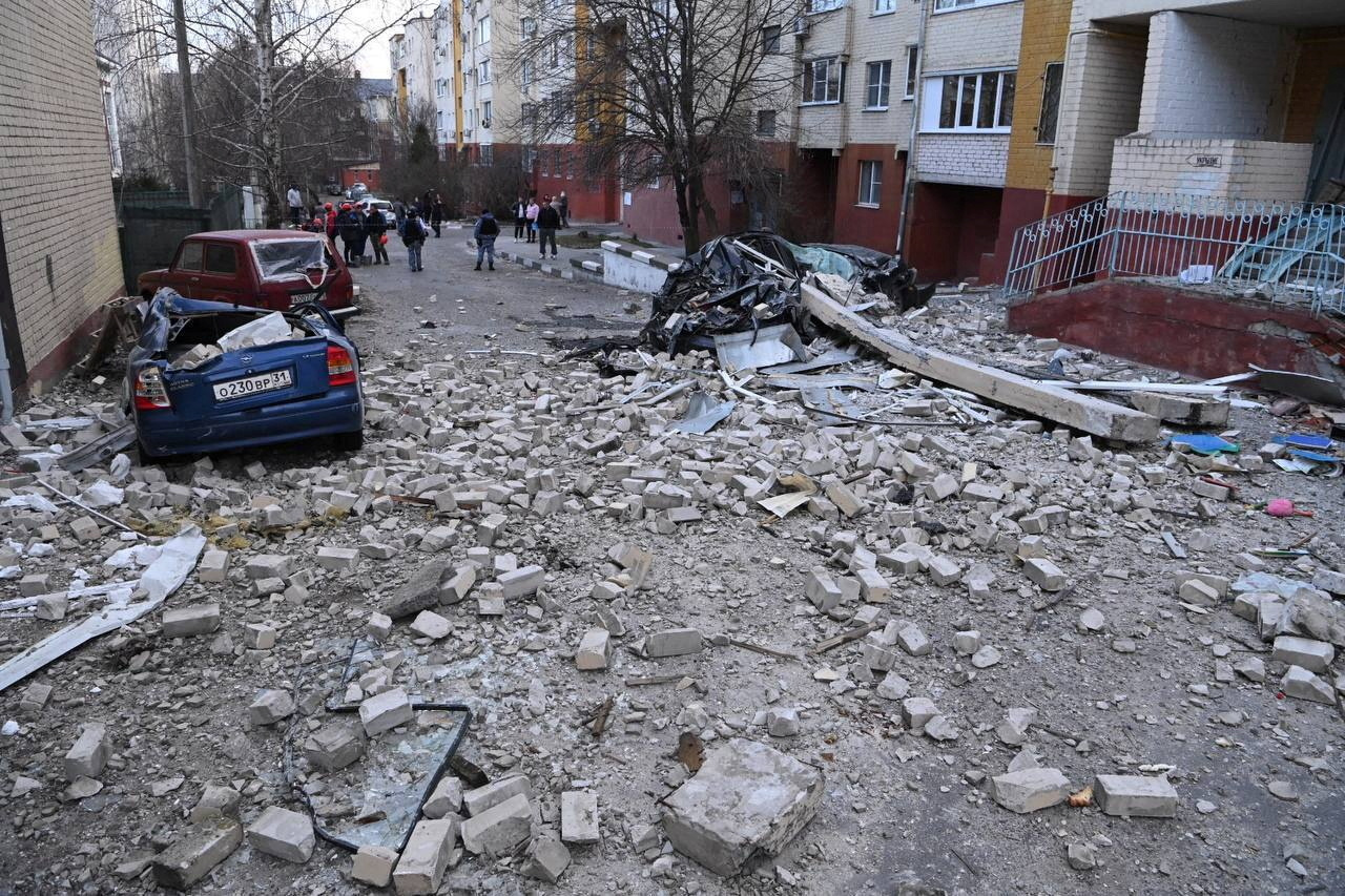 A view shows destroyed cars next to an apartment building following shelling, what local authorities called a Ukrainian military strike, in the course of the Russia-Ukraine conflict in Belgorod, Russia, March 24, 2024. Mayor of Belgorod City Valentin Demidov via Telegram