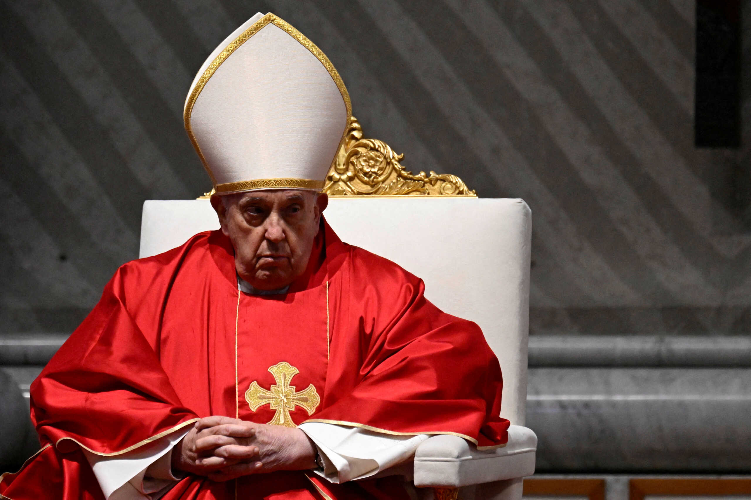 FILE PHOTO: Pope Francis presides over the Good Friday Passion of the Lord service in Saint Peter's Basilica at the Vatican, March 29, 2024. Vatican Media