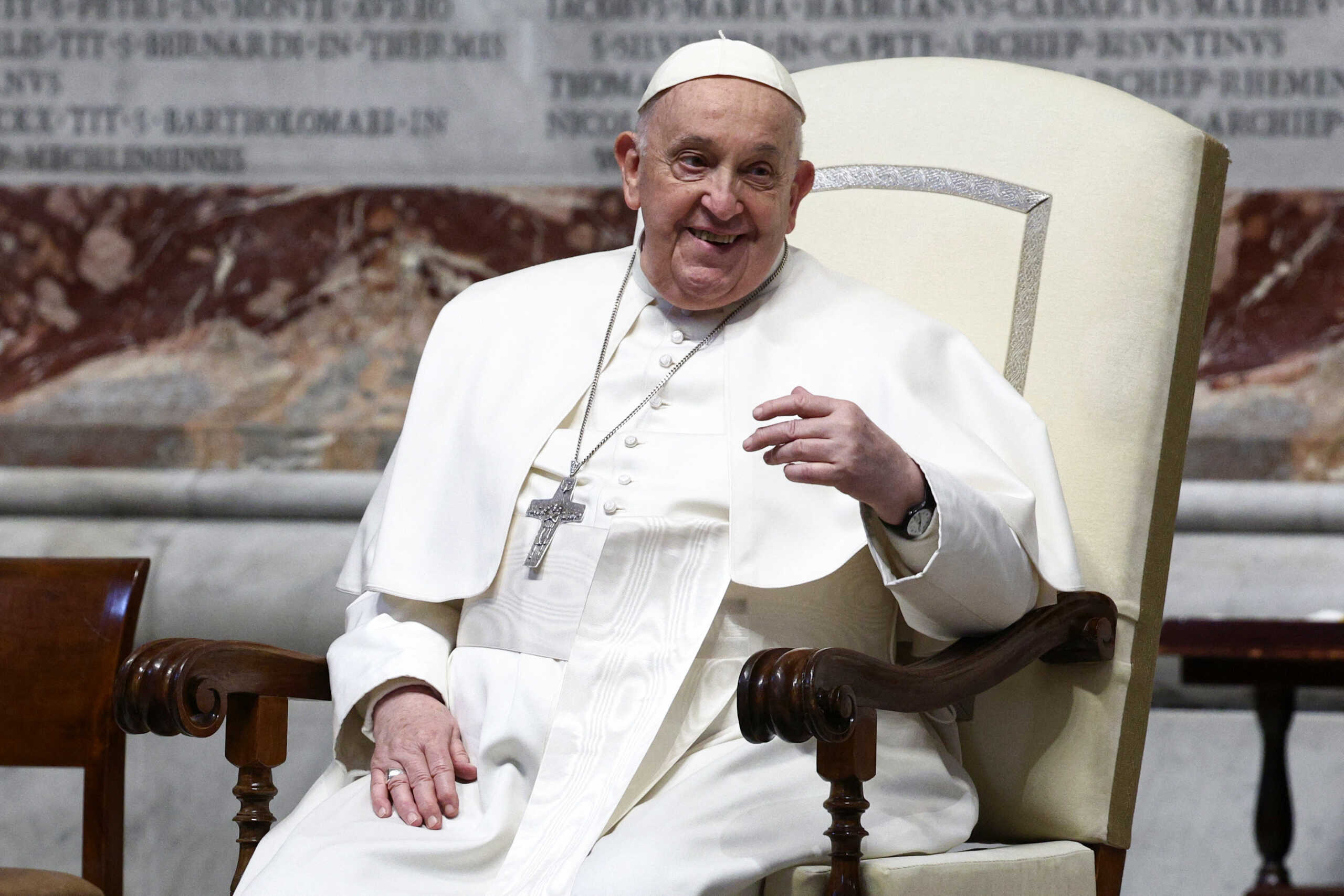 Pope Francis reacts on the day of the Episcopal Ordination of Monsignor Vincenzo Turturro at St. Peter's Basilica at the Vatican March 9, 2024. REUTERS