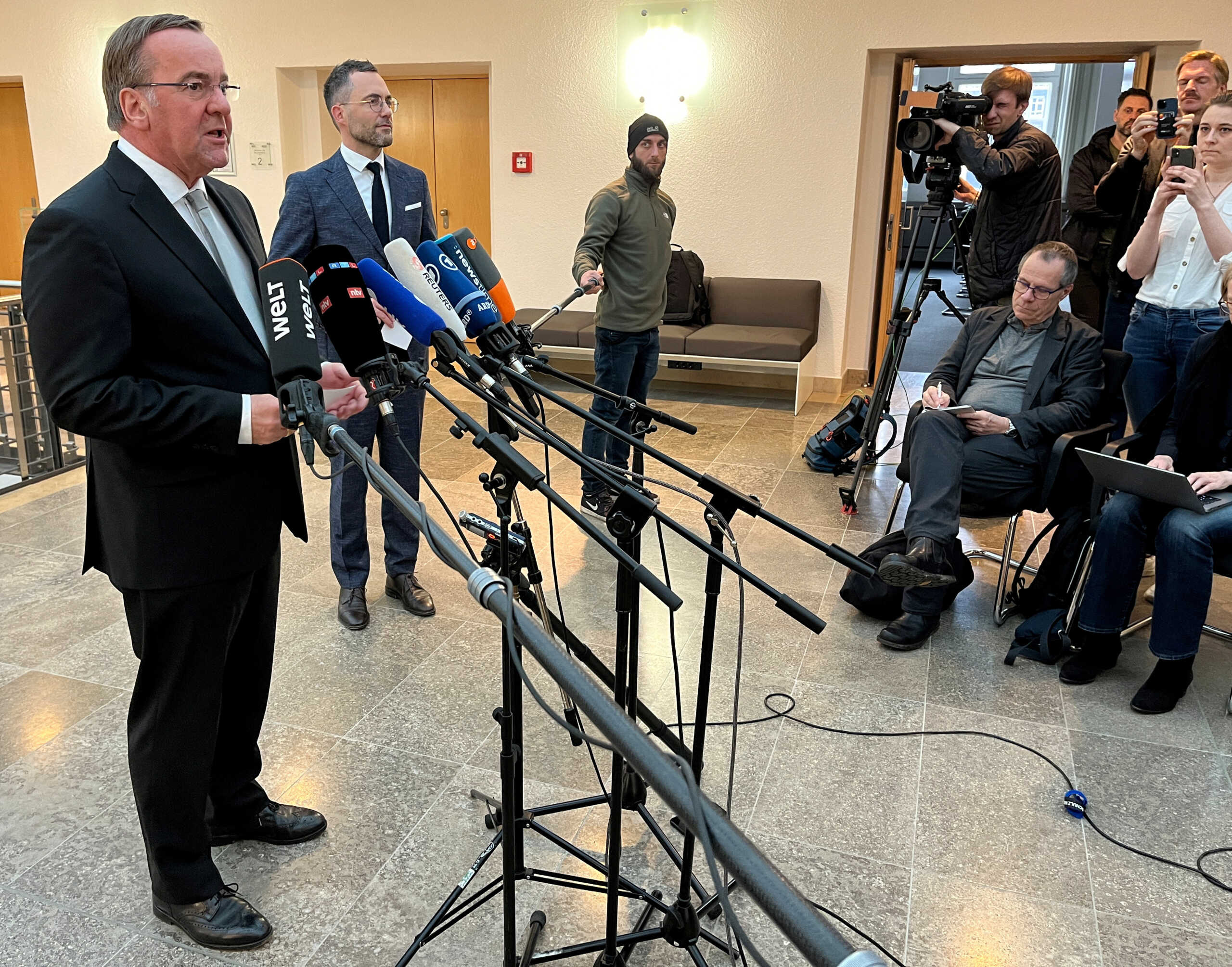 German Defence Minister Boris Pistorius makes statement in Berlin, Germany, March 3, 2024, on apparent eavesdropping of a call, after Moscow said a recording of German officers showed them discussing weapons for Ukraine and a potential strike by Kyiv on a bridge in Crimea.    REUTERS