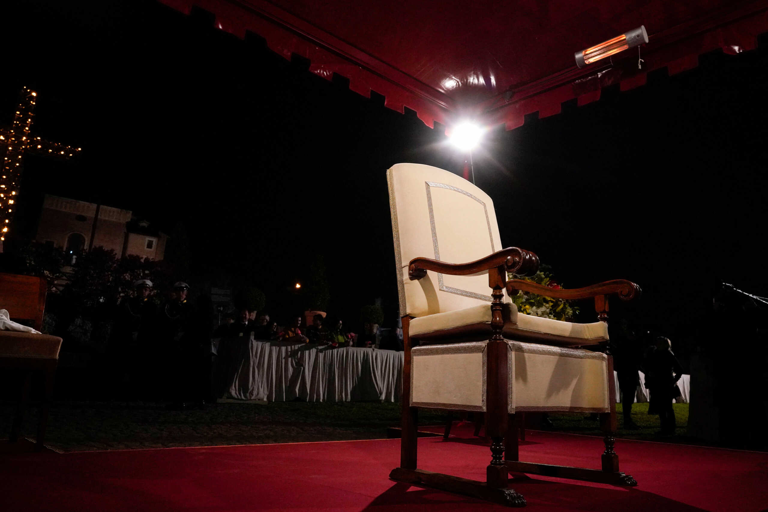Pope Francis' chair is seen prior to the start of the Via Crucis (Way of the Cross) in front of the Colosseum on Good Friday in Rome, Italy March 29, 2024. Andrew Medichini