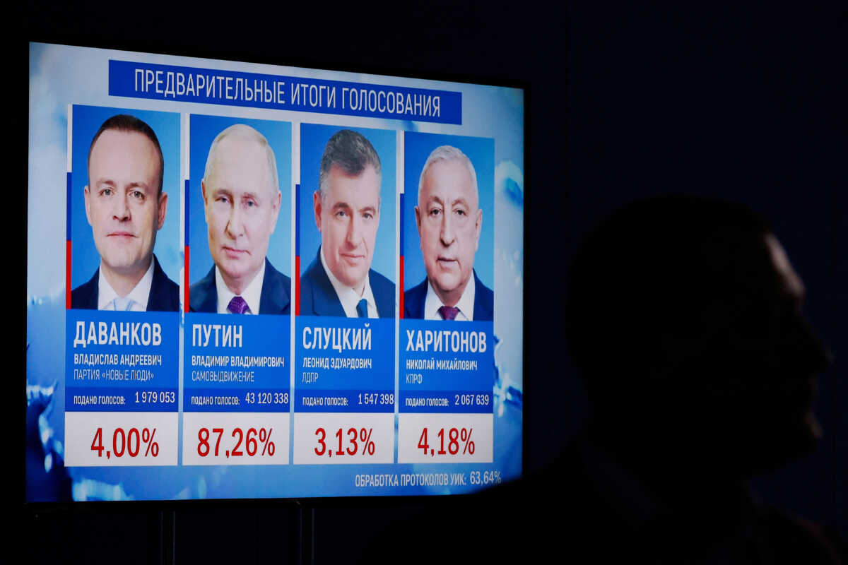 Preliminary results of the presidential election are displayed on a screen, on the final day of the presidential election, in Moscow, Russia, March 17, 2024. REUTERS