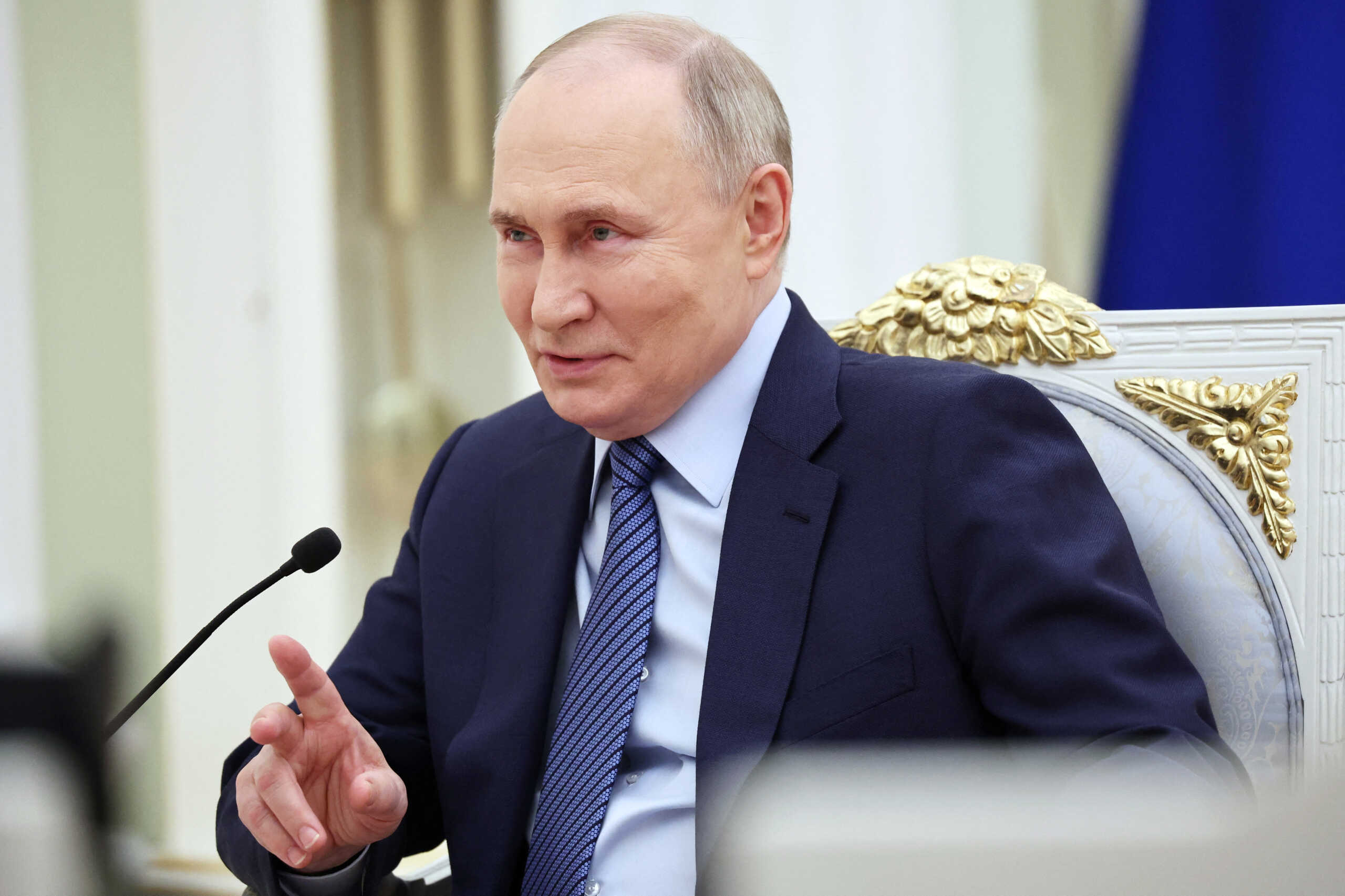 Russian President Vladimir Putin attends a meeting with winners of the Leaders of Russia national management competition at the Kremlin in Moscow, Russia March 12, 2024. Sputnik