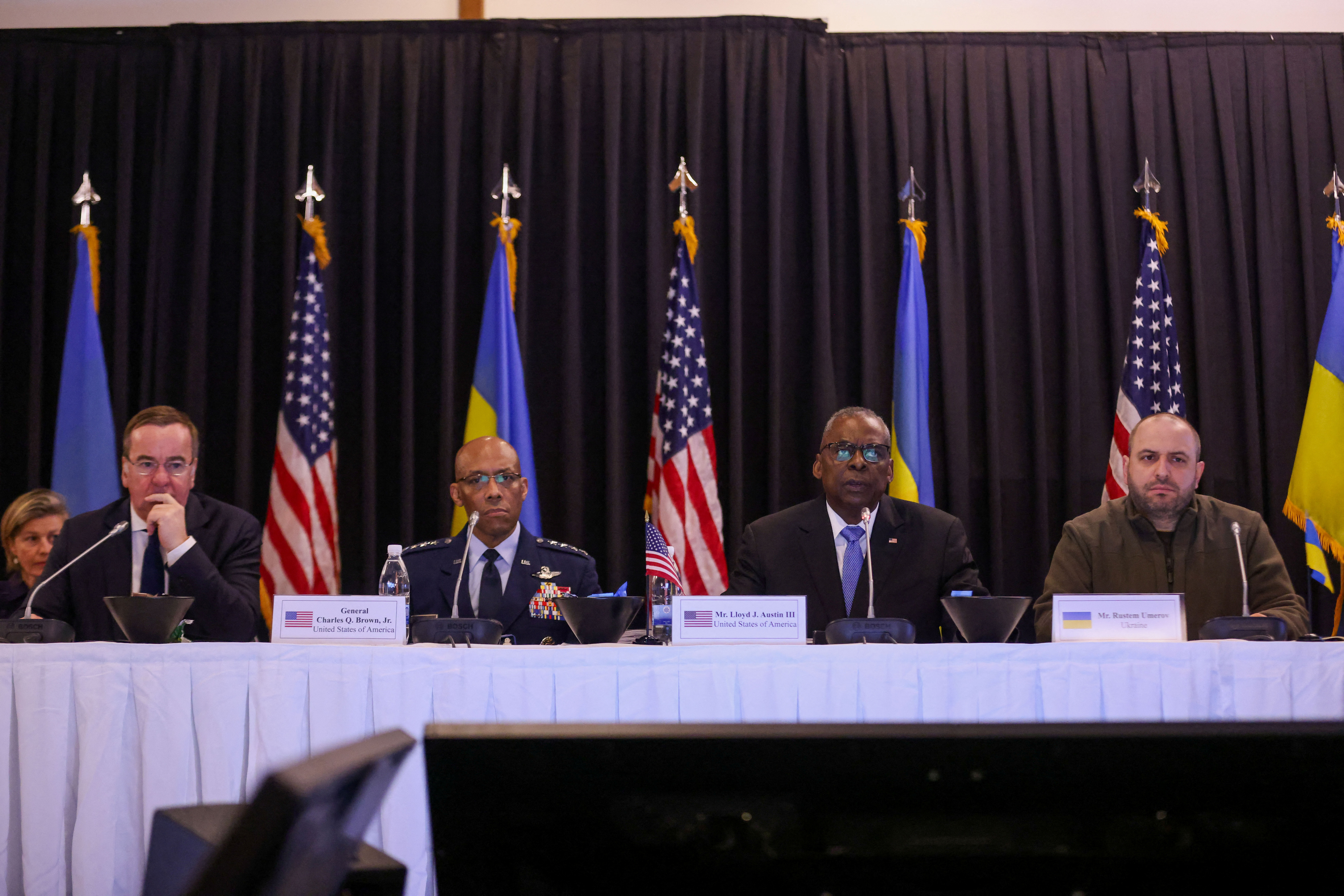 U.S. Secretary of Defense Lloyd Austin, German Defence Minister Boris Pistorius, Ukrainian Defence Minister Rustem Umerov and General Charles Q. Brown Junior attend a meeting of the Ukraine Defense Contact Group at the American military's Ramstein Air Base, near Ramstein-Miesenbach, Germany, March 19, 2024. REUTERS