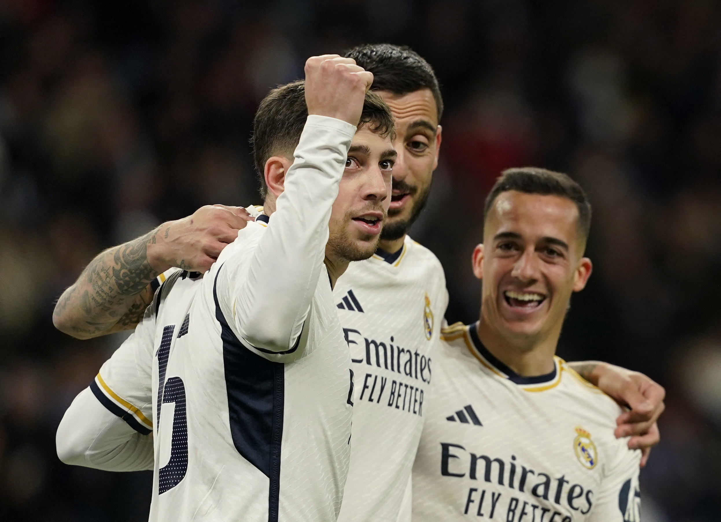 Soccer Football - LaLiga - Real Madrid v Celta Vigo - Santiago Bernabeu, Madrid, Spain - March 10, 2024 Real Madrid's Federico Valverde celebrate their third goal, an own goal scored by Celta Vigo's Carlos Dominguez REUTERS