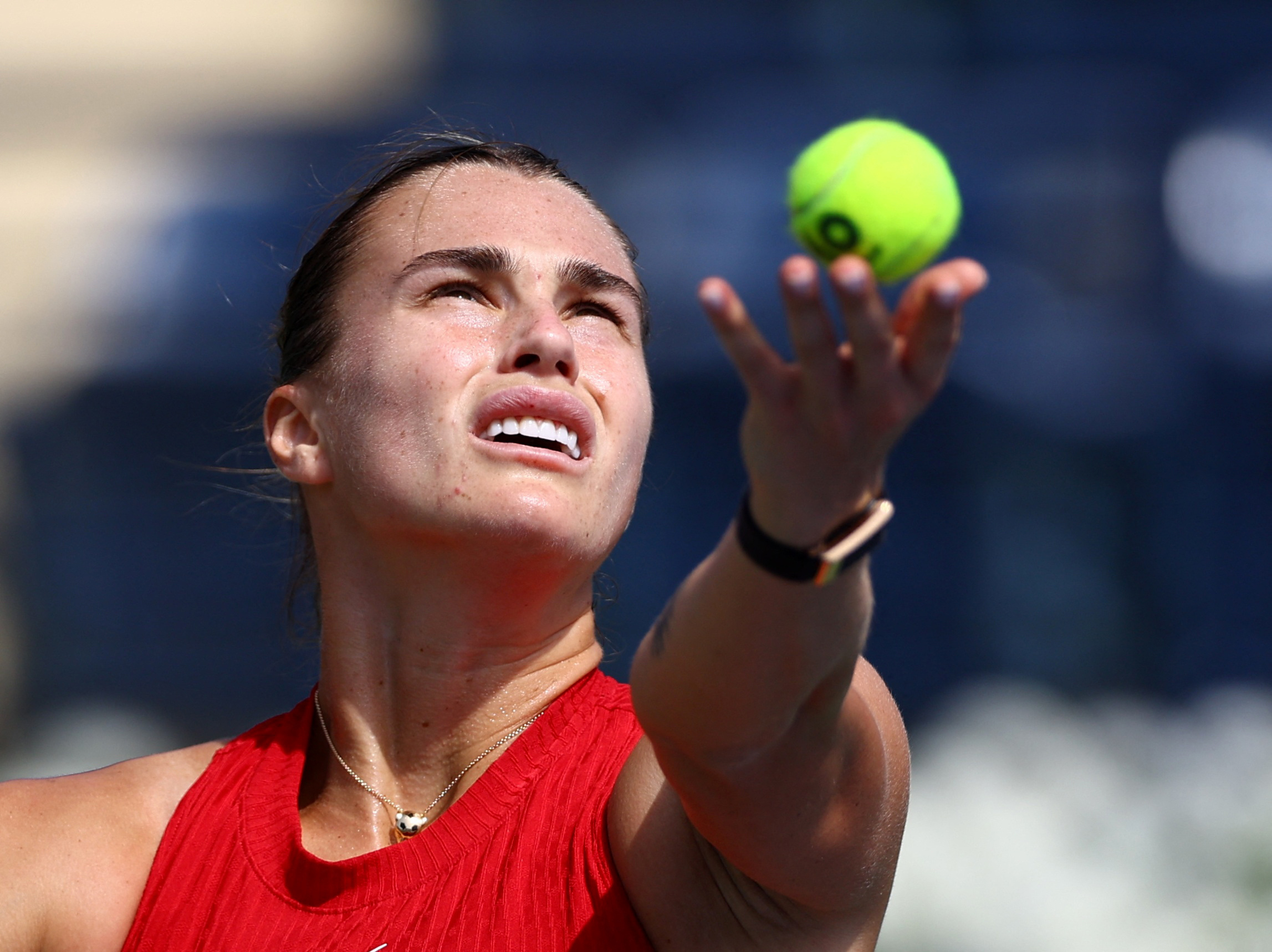 Tennis - WTA 1000 - Dubai Tennis Championships - Dubai Duty Free Tennis Centre, Dubai, United Arab Emirates - February 20, 2024 Belarus' Aryna Sabalenka in action during her round of 32 match against Croatia's Donna Vekic REUTERS