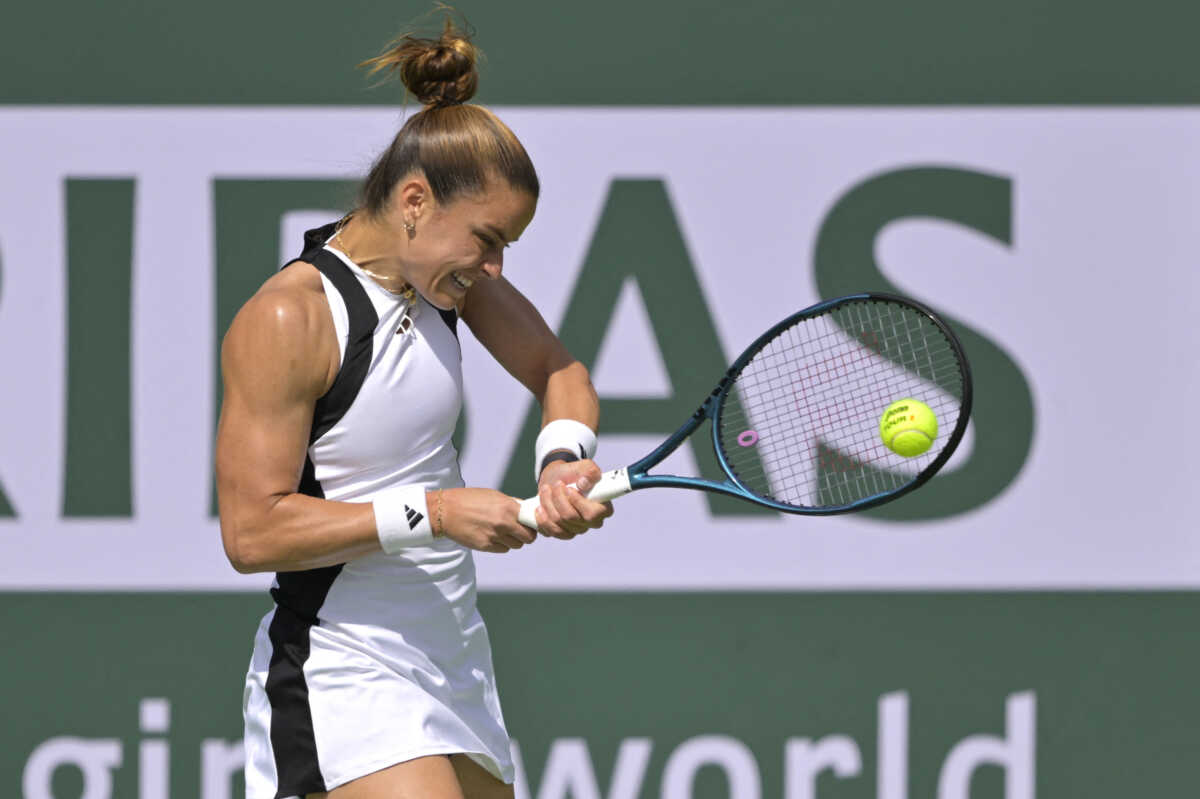 Mar 9, 2024; Indian Wells, CA, USA;  Maria Sakkari (GRE) hits a shot as she defeated Diana Shnaider in her second round match in the BPN Paribas Open at the Indian Wells Tennis Garden. Mandatory Credit: Jayne Kamin-Oncea-USA TODAY Sports