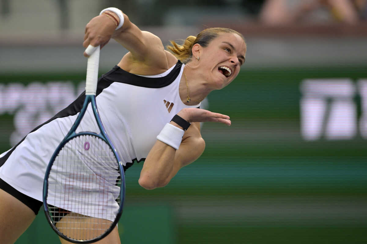 Mar 13, 2024; Indian Wells, CA, USA; Maria Sakkari (GRE) serves in her fourth round match against Diane Parry (FRA) in the BNP Paribas Open at the Indian Wells Tennis Garden. Mandatory Credit: Jayne Kamin-Oncea-USA TODAY Sports