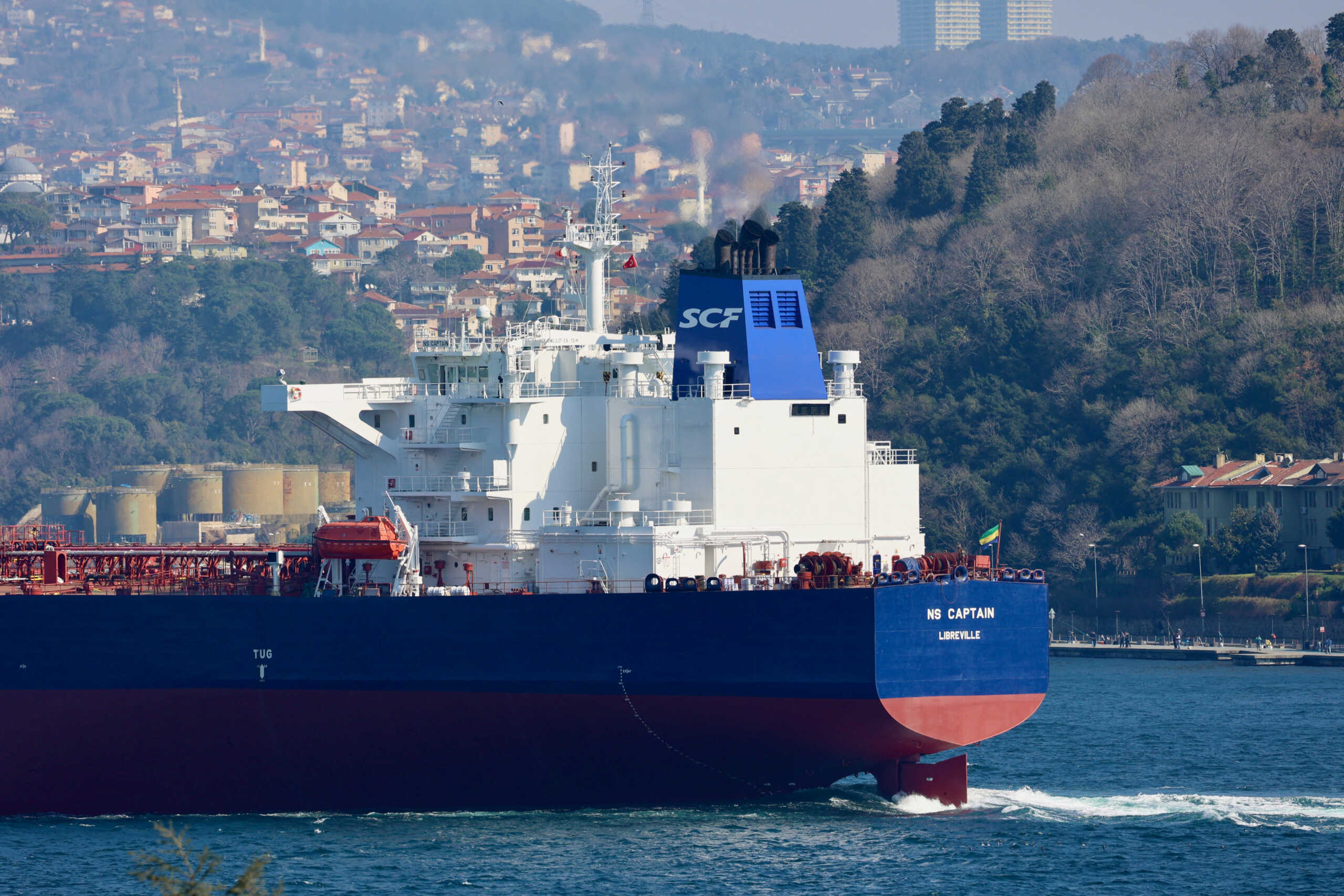 The Gabon-flagged crude oil tanker NS Captain, owned by Russia's leading tanker group Sovcomflot, transits the Bosphorus in Istanbul, Turkey February 22, 2024. REUTERS