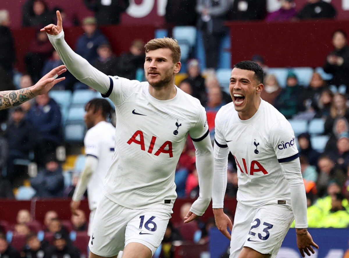 Soccer Football - Premier League - Aston Villa v Tottenham Hotspur - Villa Park, Birmingham, Britain - March 10, 2024 Tottenham Hotspur's Timo Werner celebrates scoring their fourth goal with Pedro Porro REUTERS