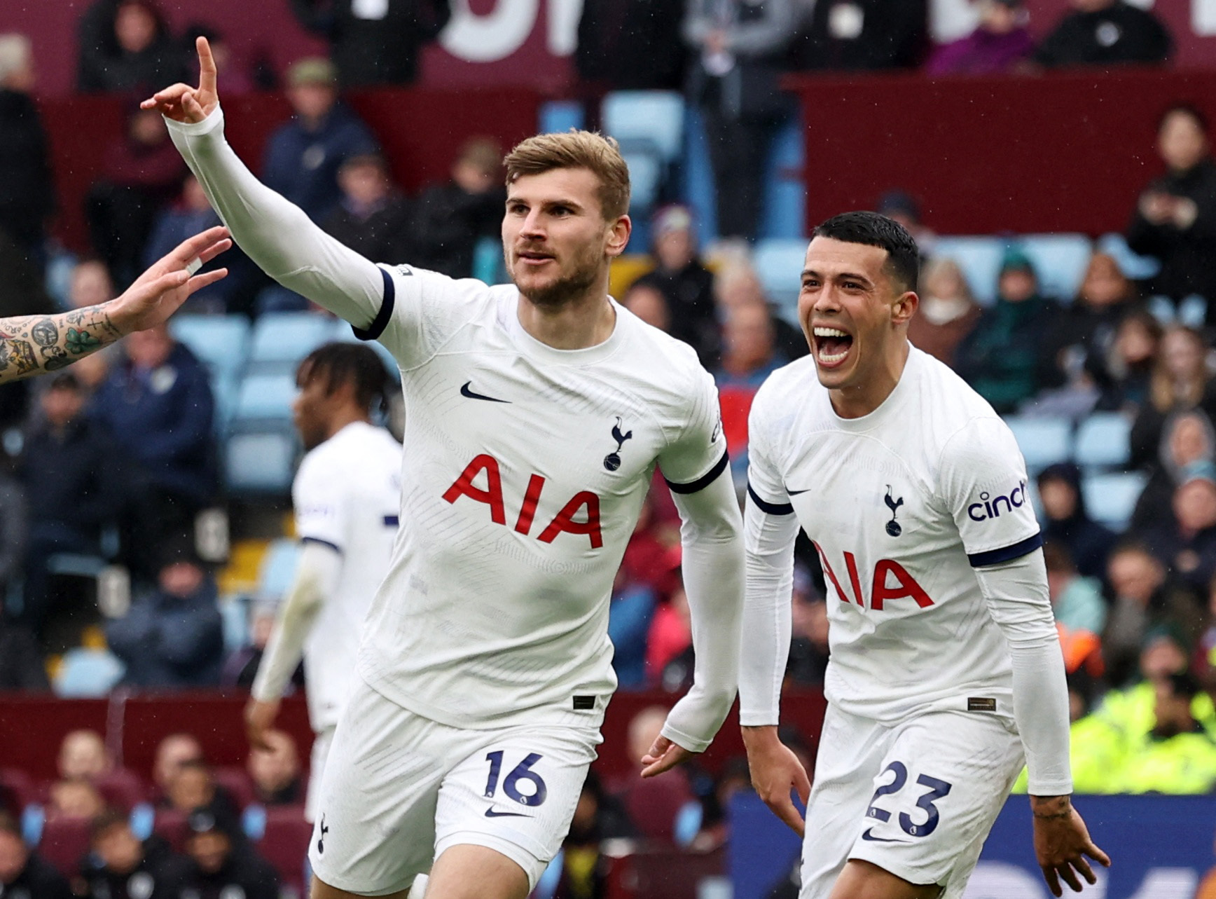 Soccer Football - Premier League - Aston Villa v Tottenham Hotspur - Villa Park, Birmingham, Britain - March 10, 2024 Tottenham Hotspur's Timo Werner celebrates scoring their fourth goal with Pedro Porro REUTERS