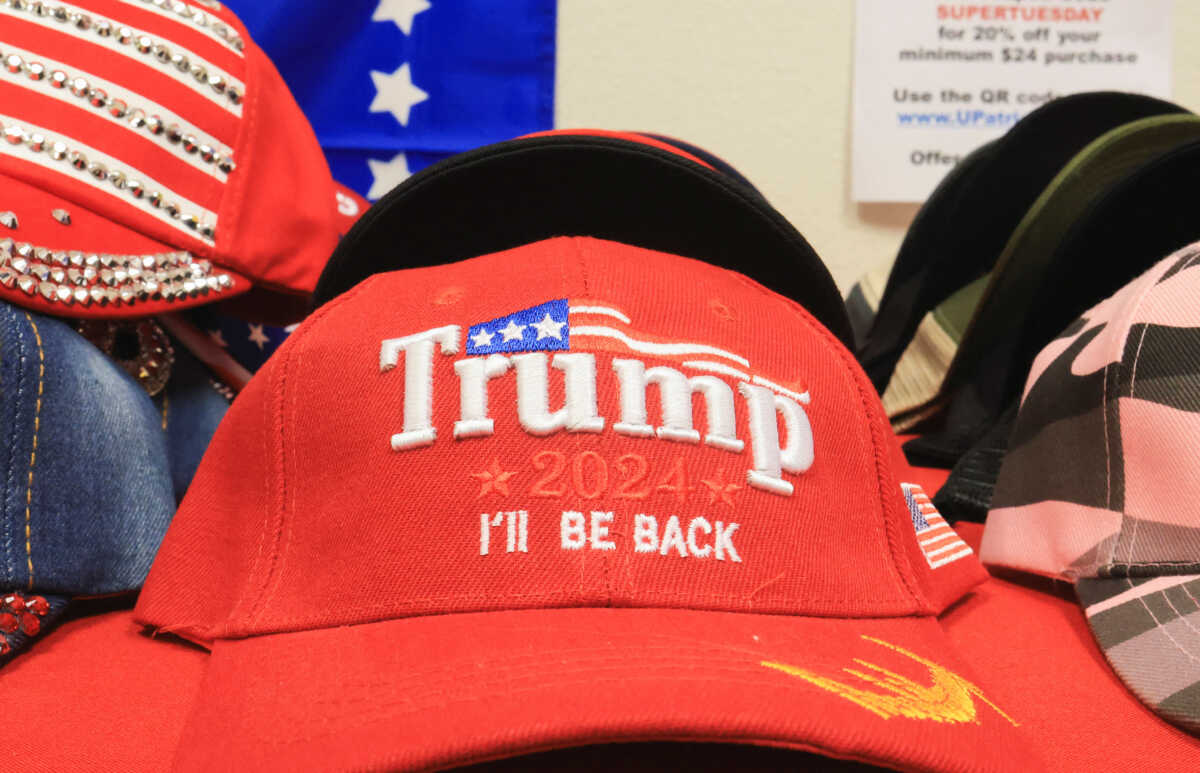 A cap is displayed for sale on the day of the Republican presidential candidate and former U.S. President Donald Trump's watch party event to mark the Super Tuesday primary elections, in Long Beach, California, U.S., March 5, 2024. REUTERS