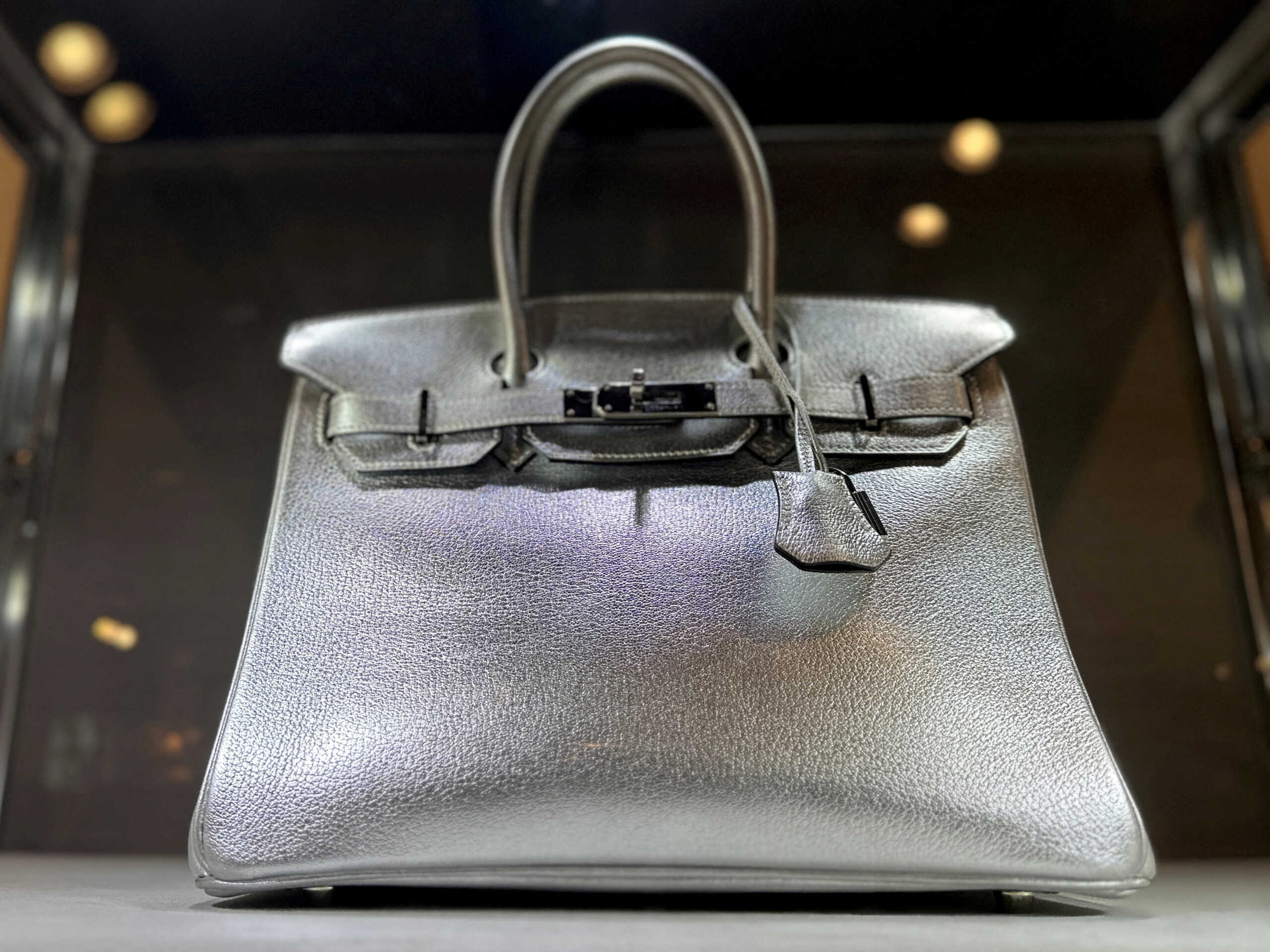 FILE PHOTO: View of a Hermes Silver Metallic Chevre Birkin 30 bag up for auction at Sotheby's in New York City, U.S., June 1, 2023. REUTERS