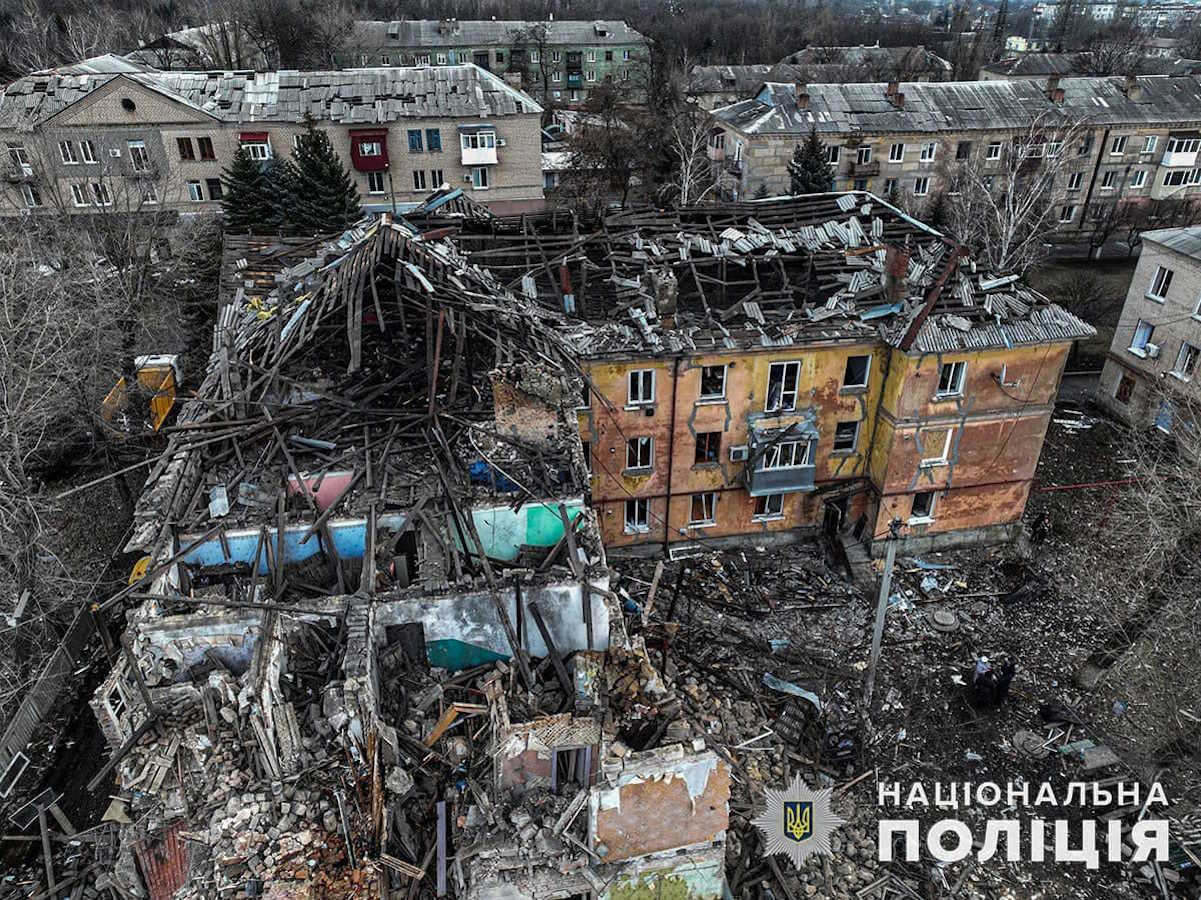 An aerial view shows a residential building heavily damaged by a Russian missile strike, amid Russia's attack on Ukraine, in the town of Selydove, Donetsk region, Ukraine, in this handout picture released February 8, 2024. Press service of the National Police of Ukraine