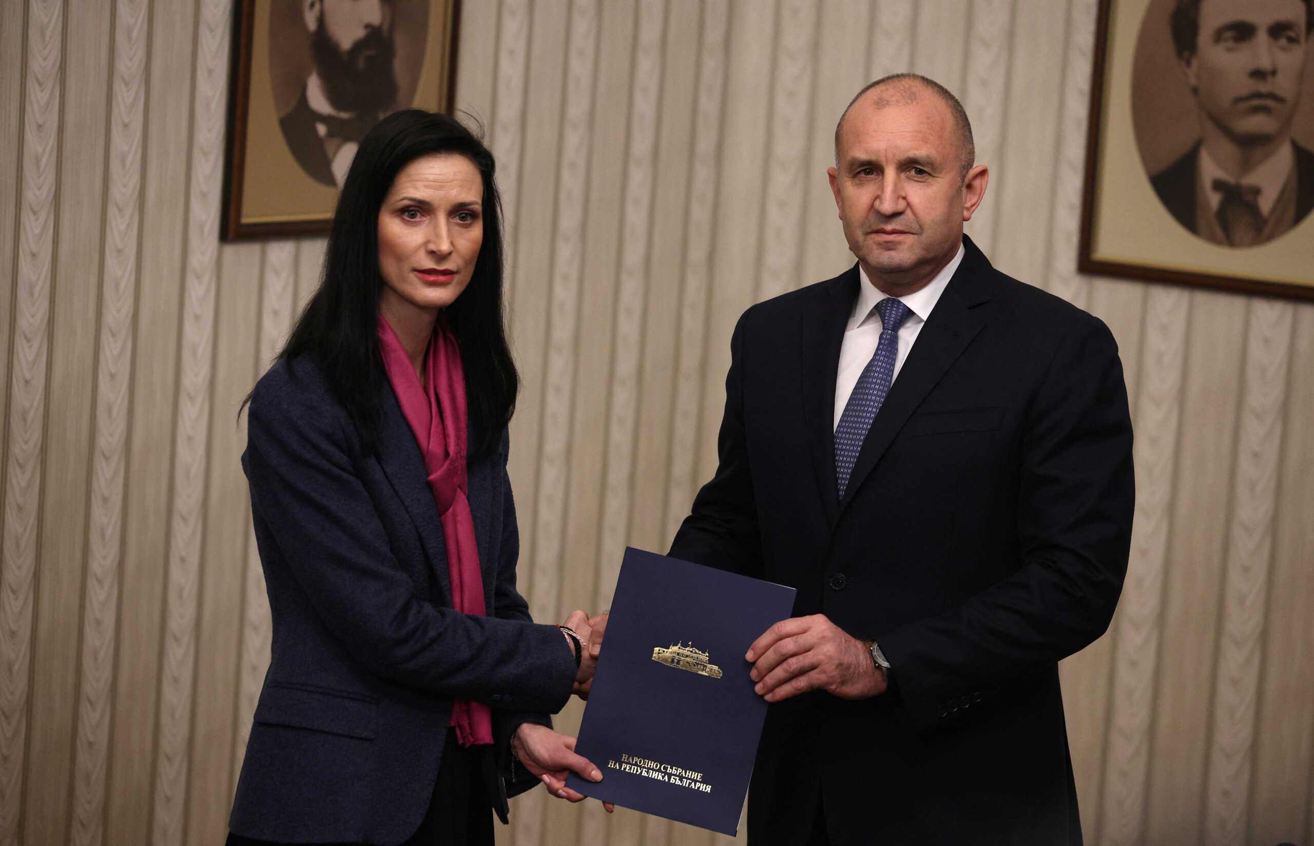 Bulgarian prime minister designate Mariya Gabriel, of the center-right GERB party, presents mandate papers to Bulgarian President Rumen Radev during their meeting in Sofia, Bulgaria, March 19, 2024.  REUTERS