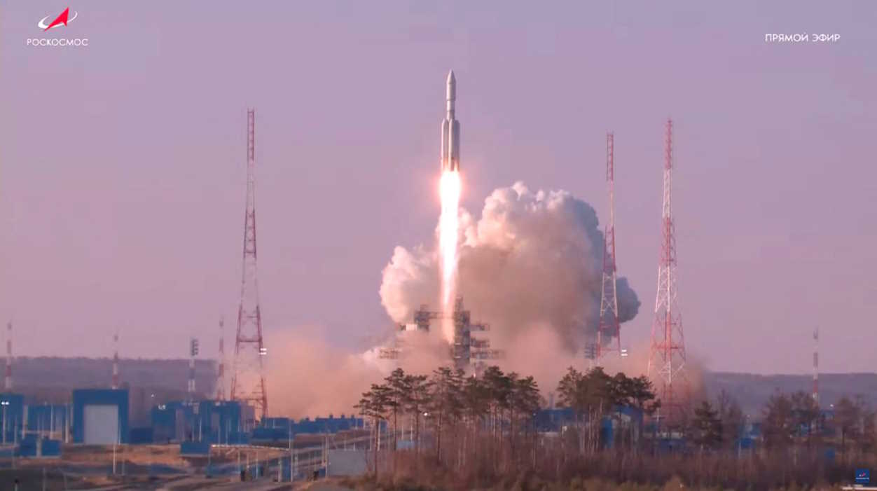 Angara-A5 rocket blasts off from its launchpad at the Vostochny Cosmodrome in the far eastern Amur region, Russia, April 11, 2024, in this still image taken from a live broadcast video. Roscosmos