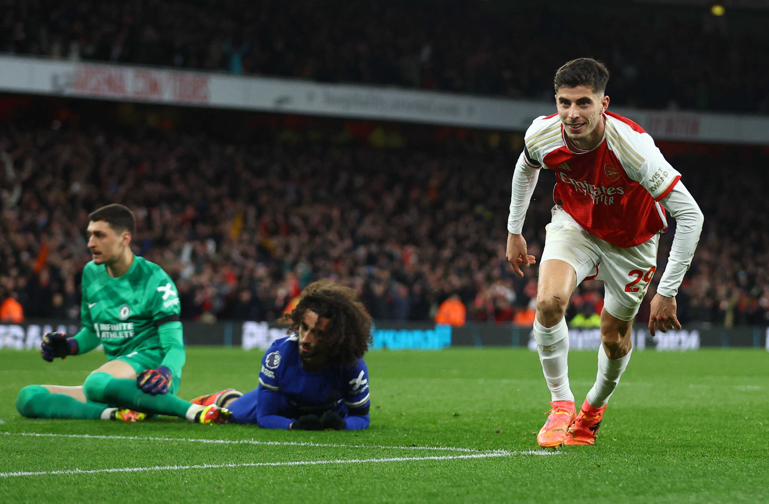 Soccer Football - Premier League - Arsenal v Chelsea - Emirates Stadium, London, Britain - April 23, 2024 Arsenal's Kai Havertz celebrates scoring their third goal Action Images via Reuters