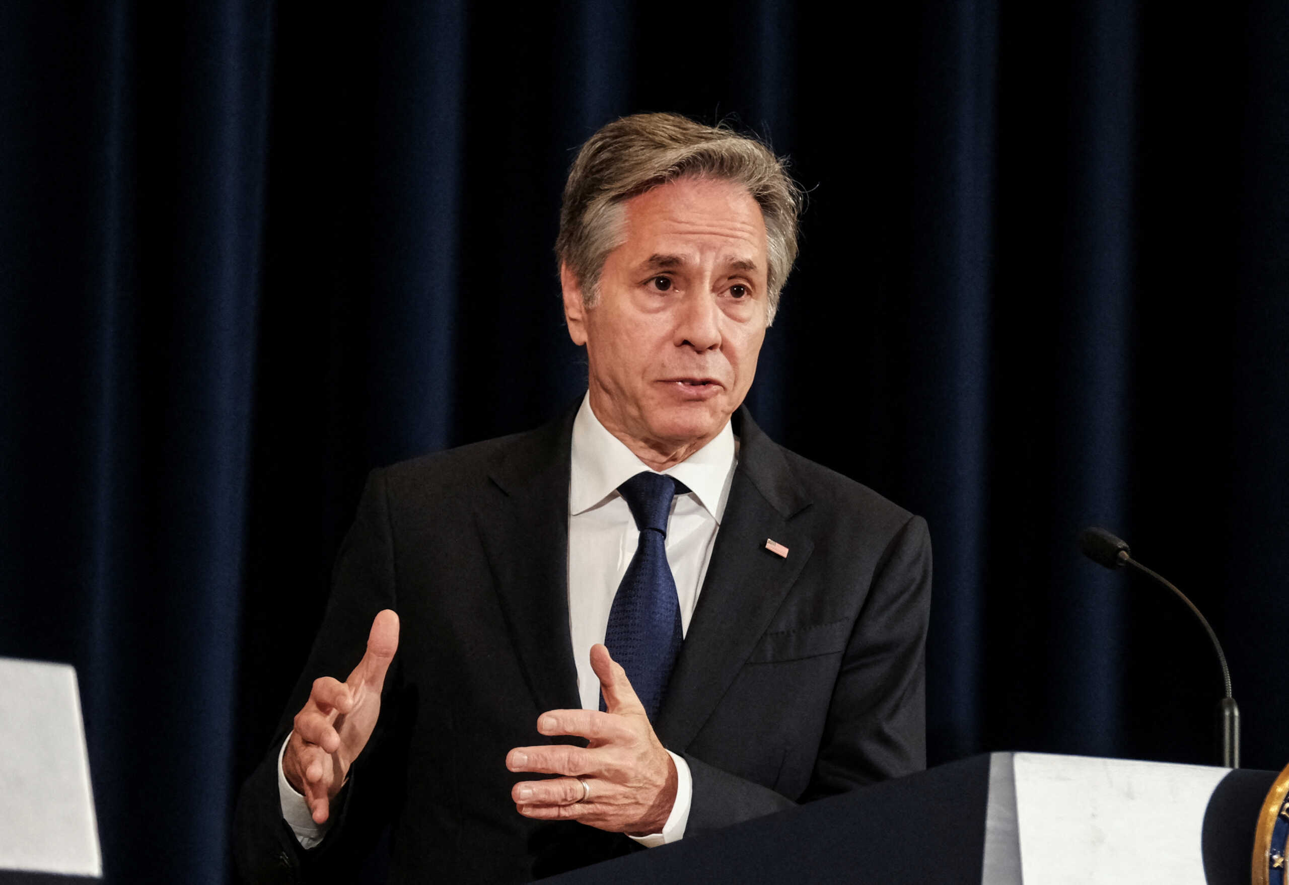 U.S. Secretary of State Antony Blinken holds a joint press conference with British Foreign Secretary David Cameron at the State Department in Washington, U.S., April 9, 2024. REUTERS