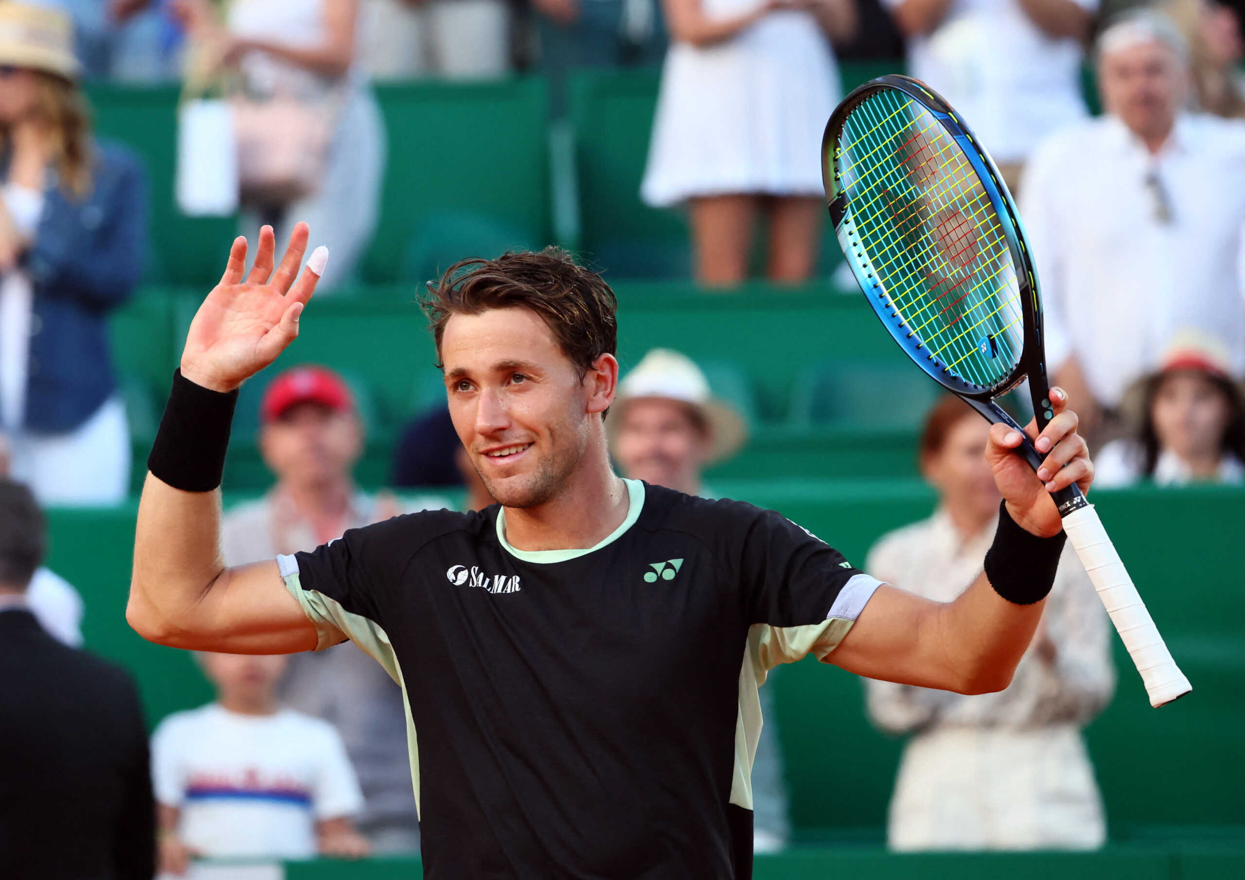 Tennis - ATP Masters 1000 - Monte Carlo Masters - Monte Carlo Country Club, Roquebrune-Cap-Martin, France - April 13, 2024 Norway's Casper Ruud celebrates winning his semi final match against Serbia's Novak Djokovic REUTERS