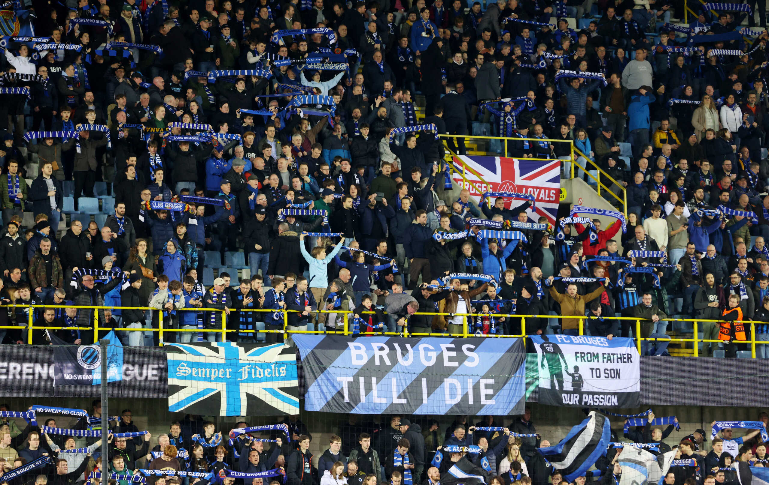 Soccer Football - Europa Conference League - Round of 16 - Second Leg - Club Brugge v Molde - Jan Breydel Stadium, Bruges, Belgium - March 14, 2024 Club Brugge fans react in the stands before the match REUTERS