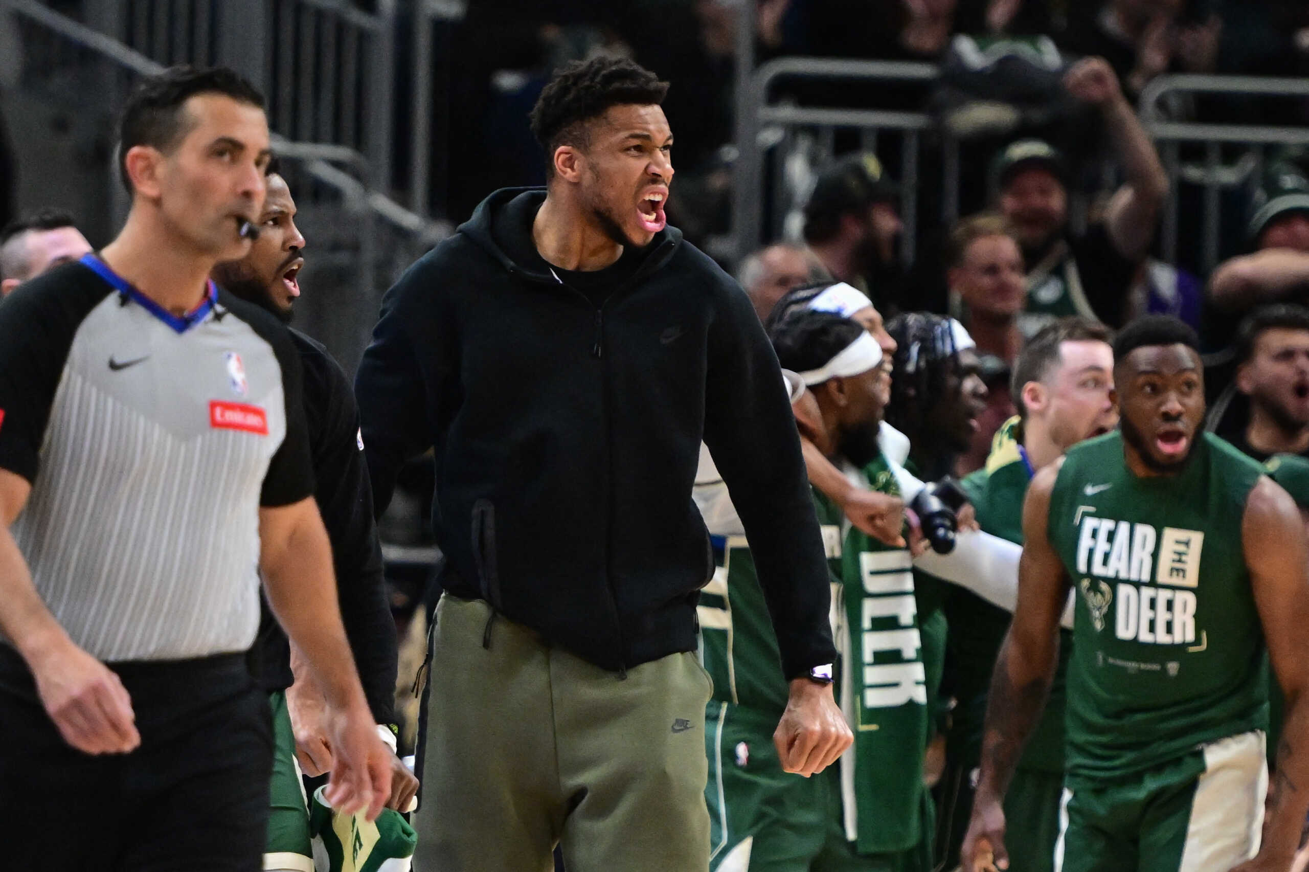 Apr 21, 2024; Milwaukee, Wisconsin, USA; Milwaukee Bucks forward Giannis Antetokounmpo (34) reacts late in the fourth quarter against the Indiana Pacers during game one of the first round for the 2024 NBA playoffs at Fiserv Forum. Mandatory Credit: Benny Sieu-USA TODAY Sports