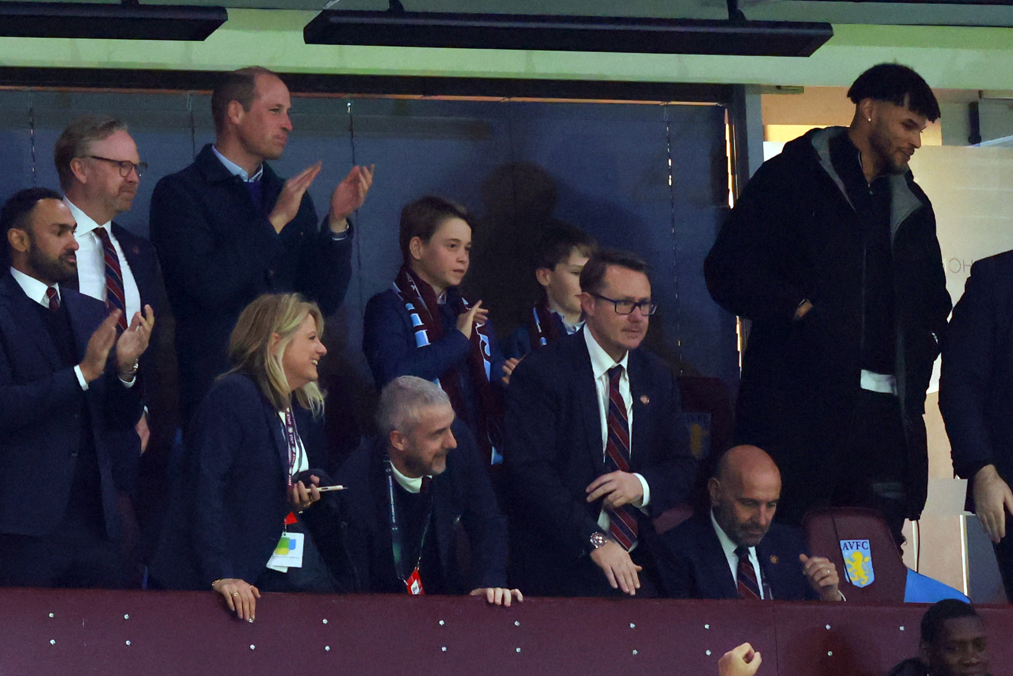 BIRMINGHAM, ENGLAND - APRIL 11: Prince William, Prince of Wales and Prince George of Wales look on alongside Tyrone Mings of Aston Villa during the UEFA Europa Conference League 2023
