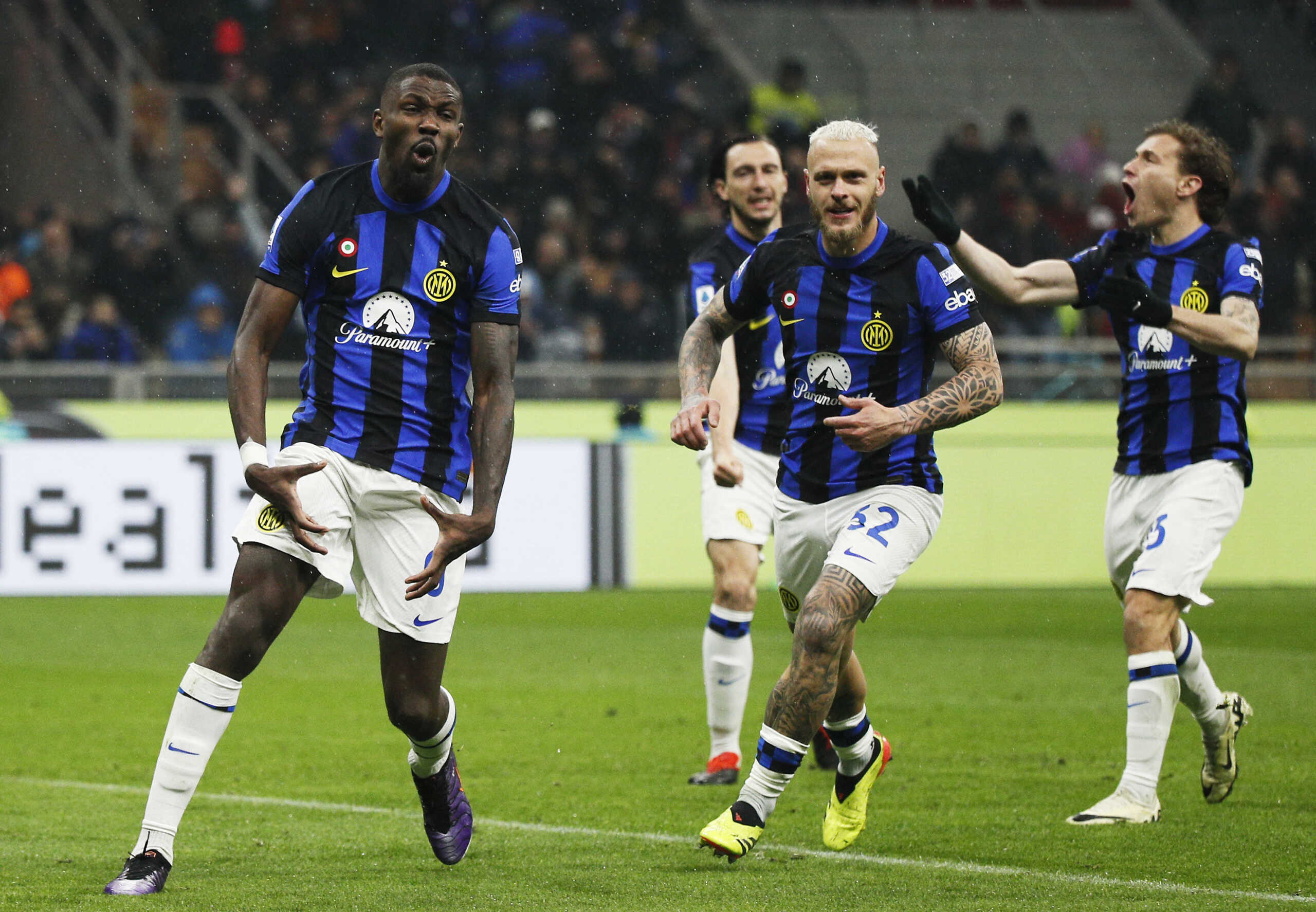 Soccer Football - Serie A - AC Milan v Inter Milan - San Siro, Milan, Italy - April 22, 2024 Inter Milan's Marcus Thuram celebrates scoring their second goal REUTERS