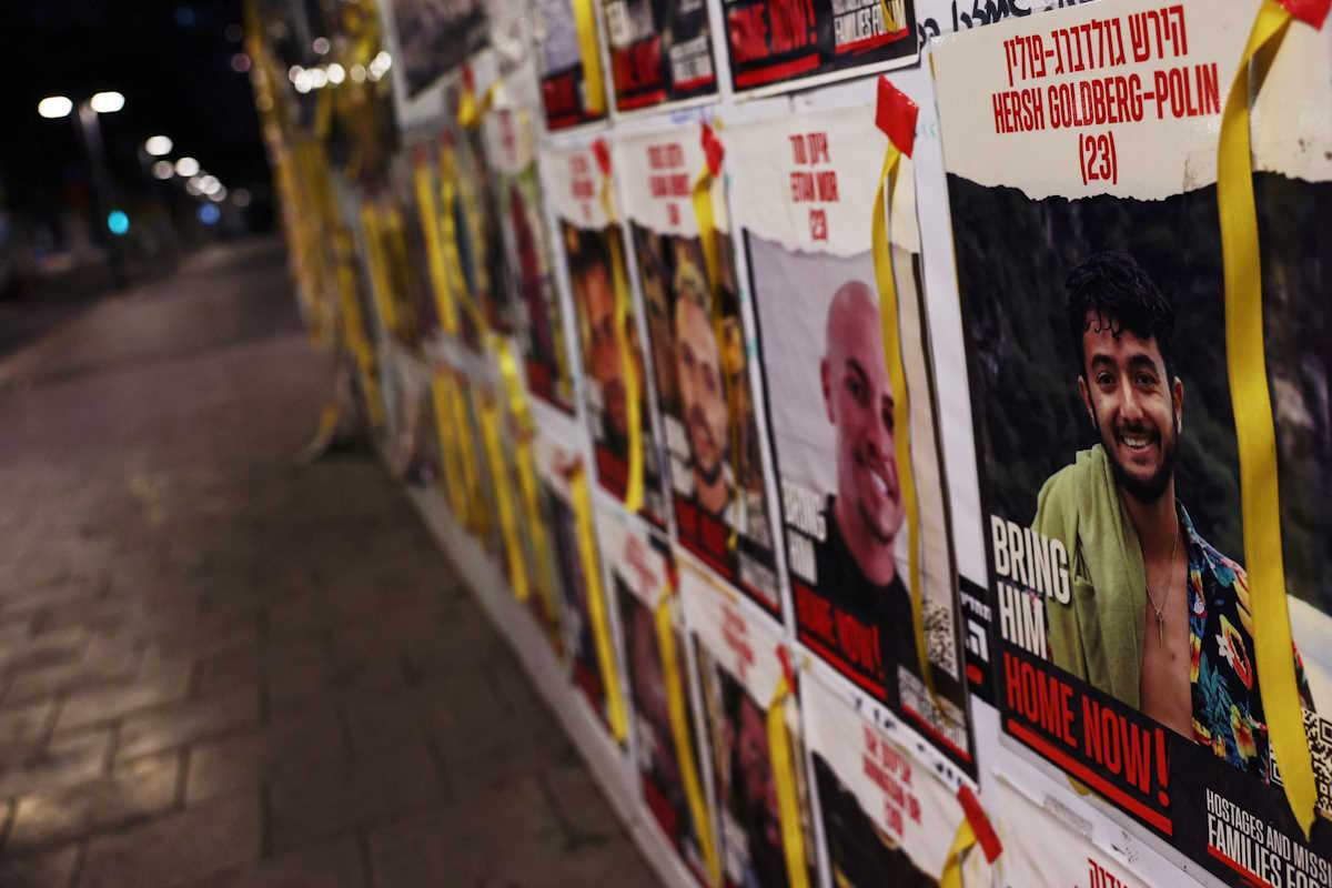 A view of a banner depicting Hersh Goldberg-Polin, an Israeli-American seized during the October 7 attack on Israel and taken hostage into Gaza, as today marks 200 days since people were taken hostages by the Palestinian Islamist group Hamas, amid the ongoing conflict between Israel and Hamas, in Tel Aviv, Israel, April 24, 2024. REUTERS
