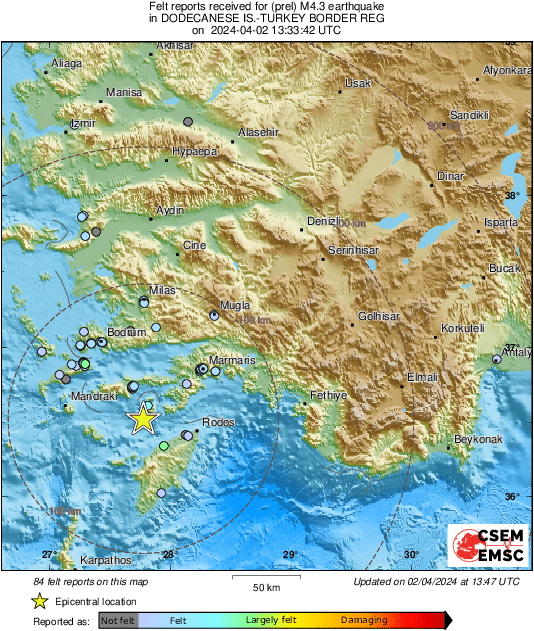 Σεισμός 4,1 κοντά στη Σύμη – Έγινε αισθητός και στην Τουρκία