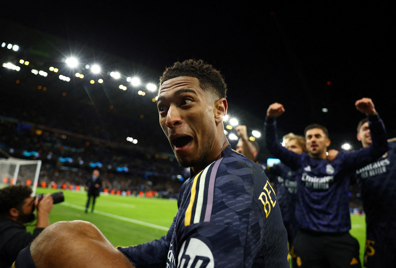 Soccer Football - Champions League - Quarter Final - Second Leg - Manchester City v Real Madrid - Etihad Stadium, Manchester, Britain - April 17, 2024 Real Madrid's Jude Bellingham celebrates after winning the match REUTERS