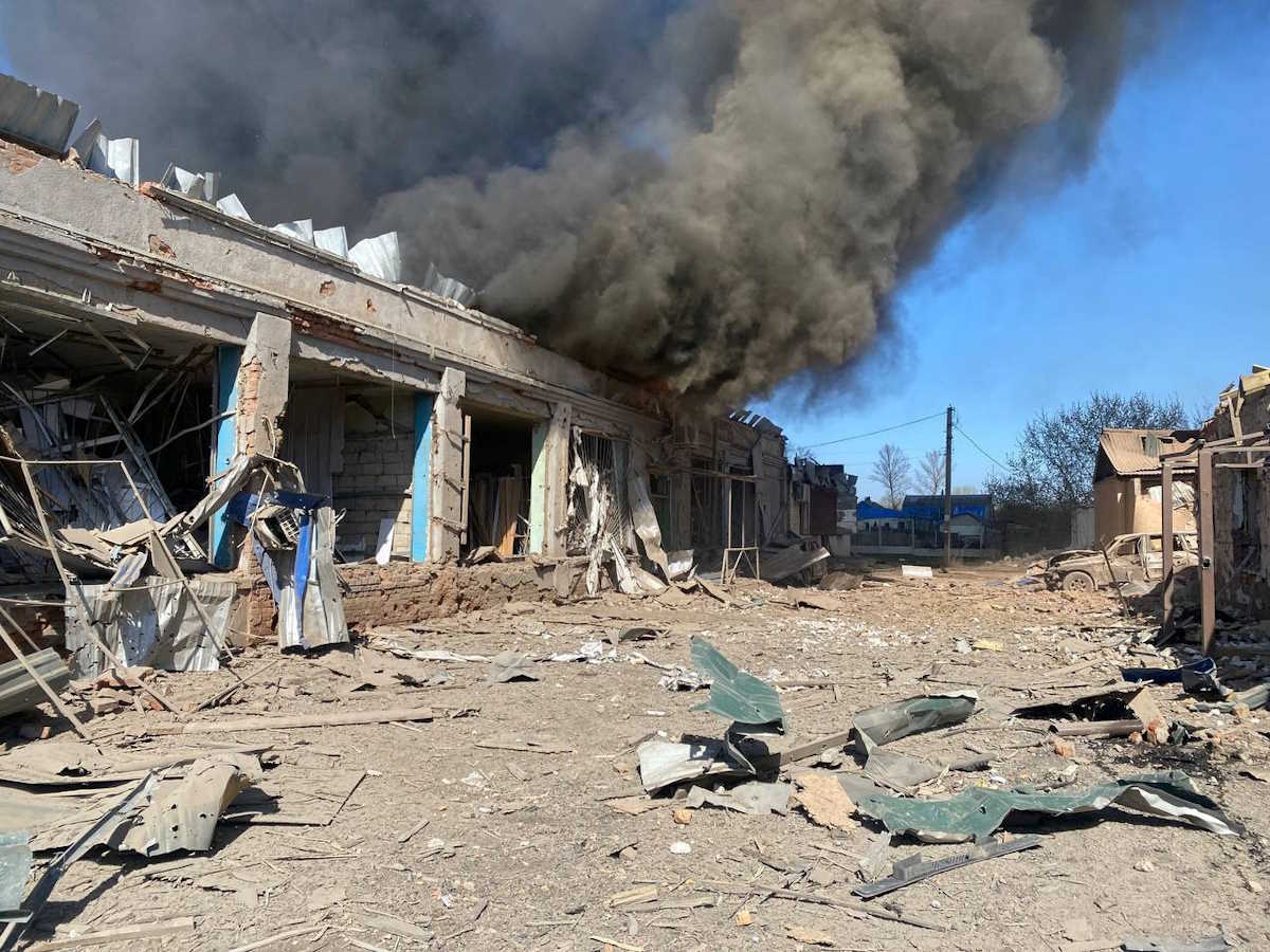 A view shows the site of Russian air strikes, amid Russia's attack on Ukraine, in the village of Lyptsi, Kharkiv region, Ukraine April 10, 2024. Head of Kharkiv Regional-Military Administration Oleh Syniehubov via Telegram