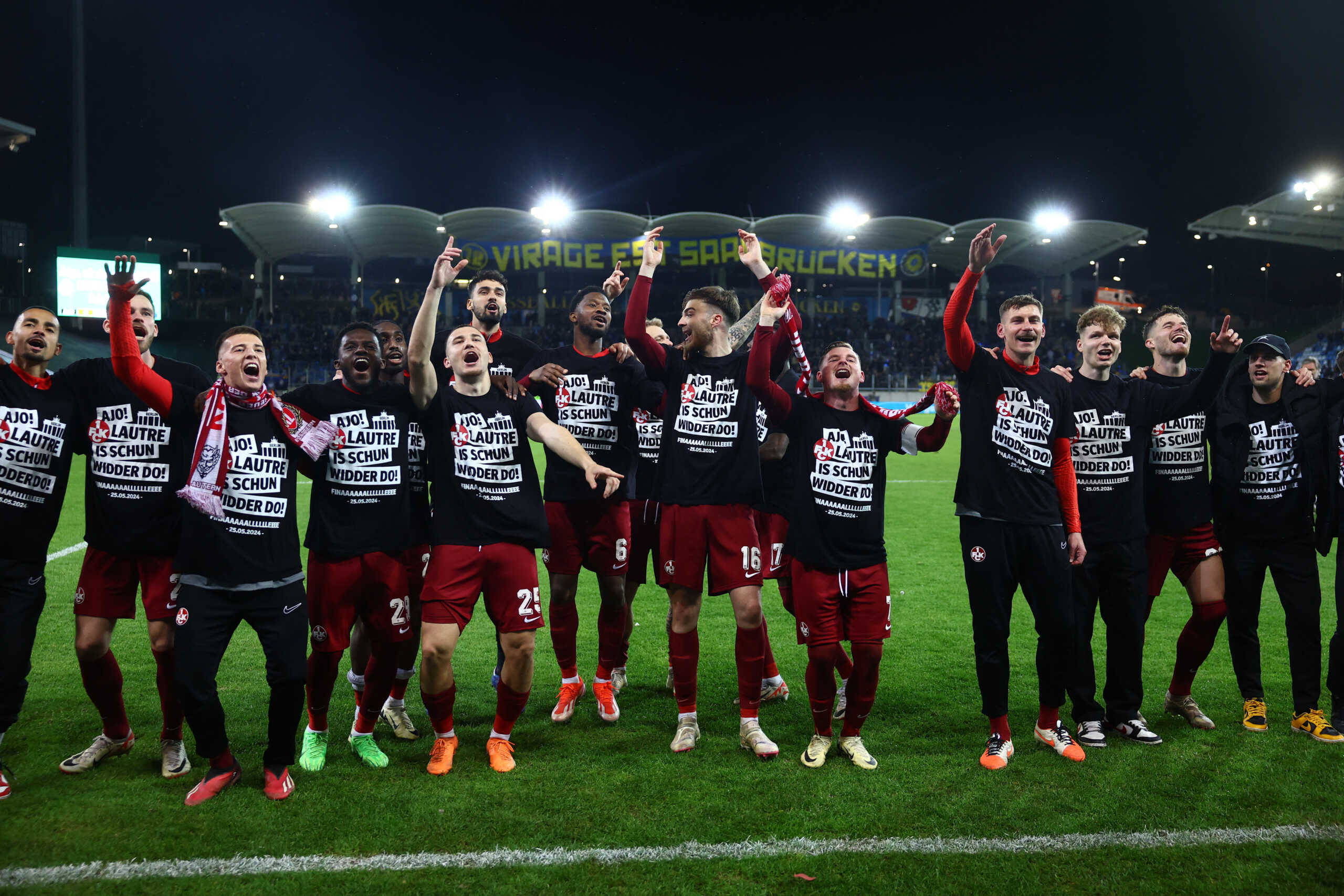 Soccer Football - DFB Cup - Semi Final - 1.FC Saarbruecken v 1.FC Kaiserslautern - Ludwigsparkstadion, Saarbruecken, Germany - April 2, 2024 1.FC Kaiserslautern's Marlon Ritter and Filip Stojilkovic celebrate with teammates after the match REUTERS