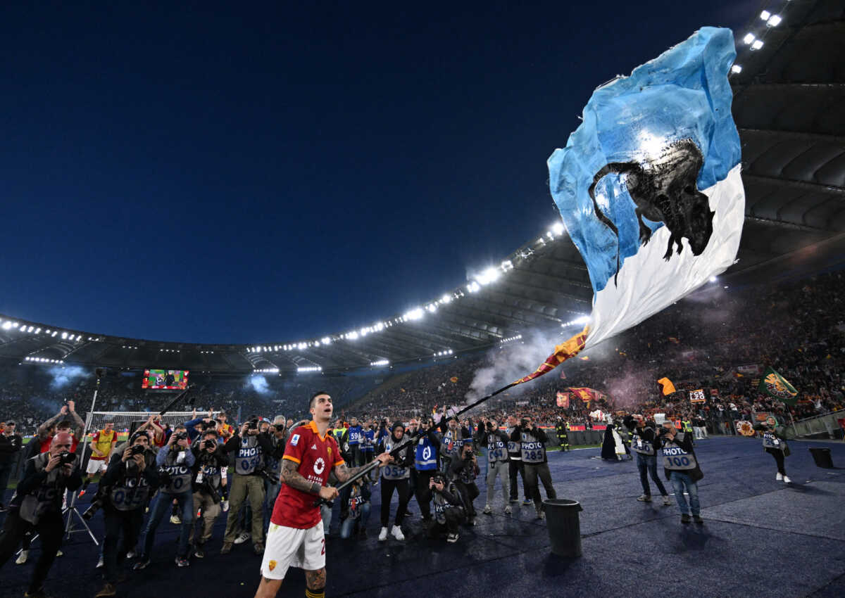 Soccer Football - Serie A - AS Roma v Lazio - Stadio Olimpico, Rome, Italy - April 6, 2024  AS Roma's Gianluca Mancini celebrates after the match REUTERS