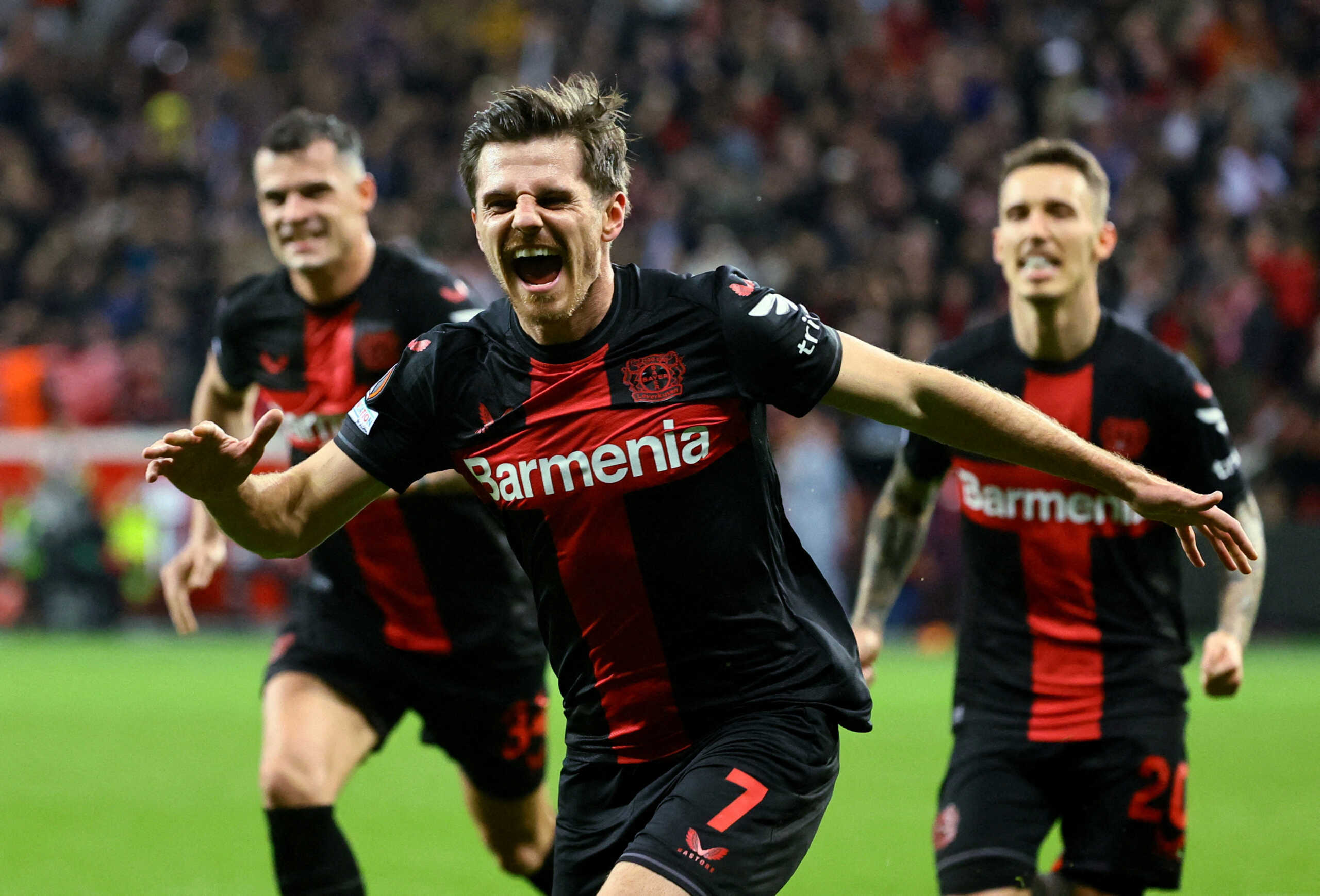 Soccer Football - Europa League - Quarter Final - First Leg - Bayer Leverkusen v West Ham United - BayArena, Leverkusen, Germany - April 11, 2024 Bayer Leverkusen's Jonas Hofmann celebrates scoring their first goal REUTERS