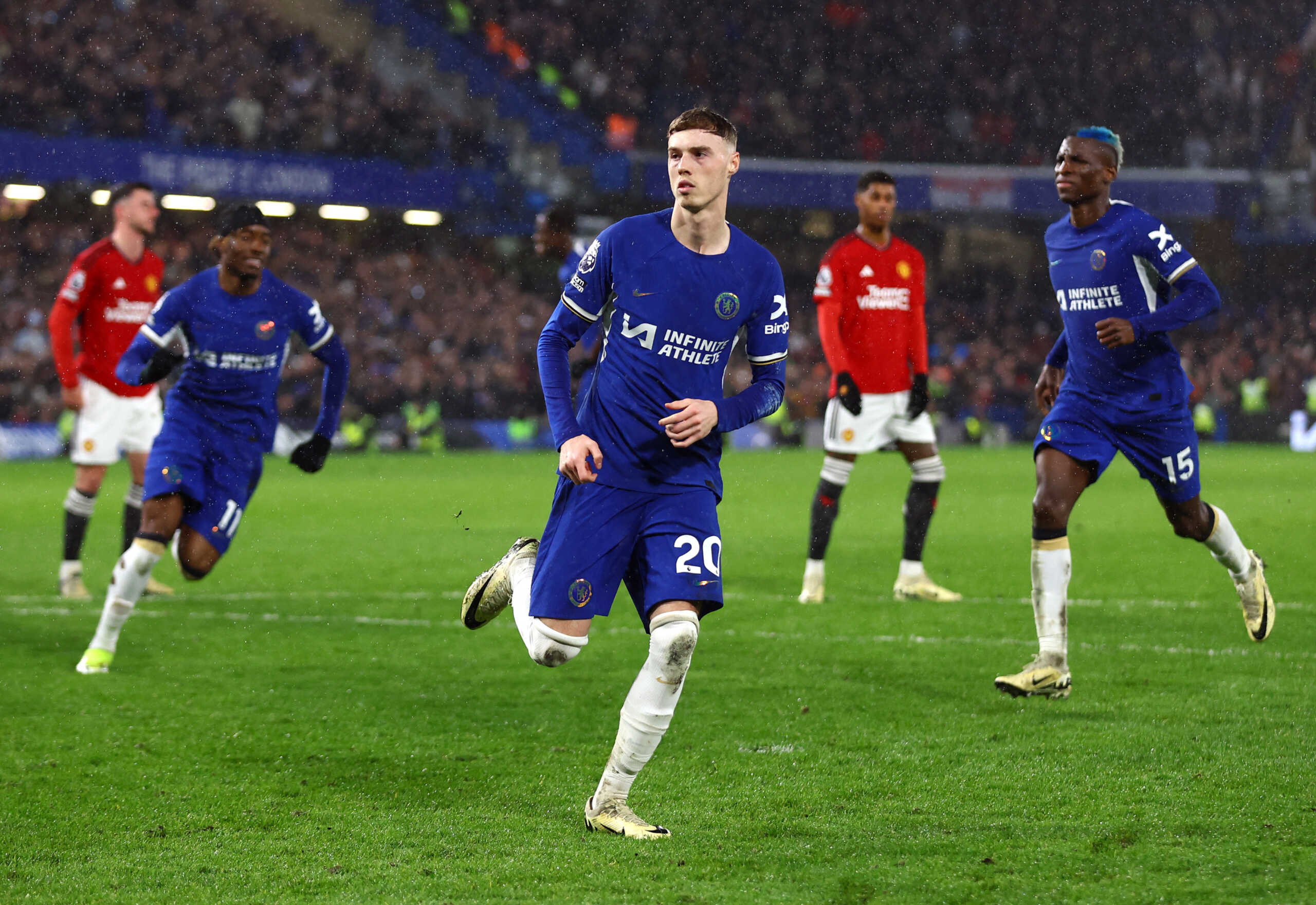 Soccer Football - Premier League - Chelsea v Manchester United - Stamford Bridge, London, Britain - April 4, 2024 Chelsea's Cole Palmer celebrates scoring their third goal Action Images via Reuters