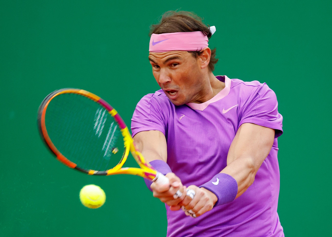 FILE PHOTO: Tennis - ATP Masters 1000 - Monte Carlo Masters - Monte-Carlo Country Club, Roquebrune-Cap-Martin, France - April 16, 2021 Spain's Rafael Nadal in action during his quarter-final match against Russia's Andrey Rublev REUTERS