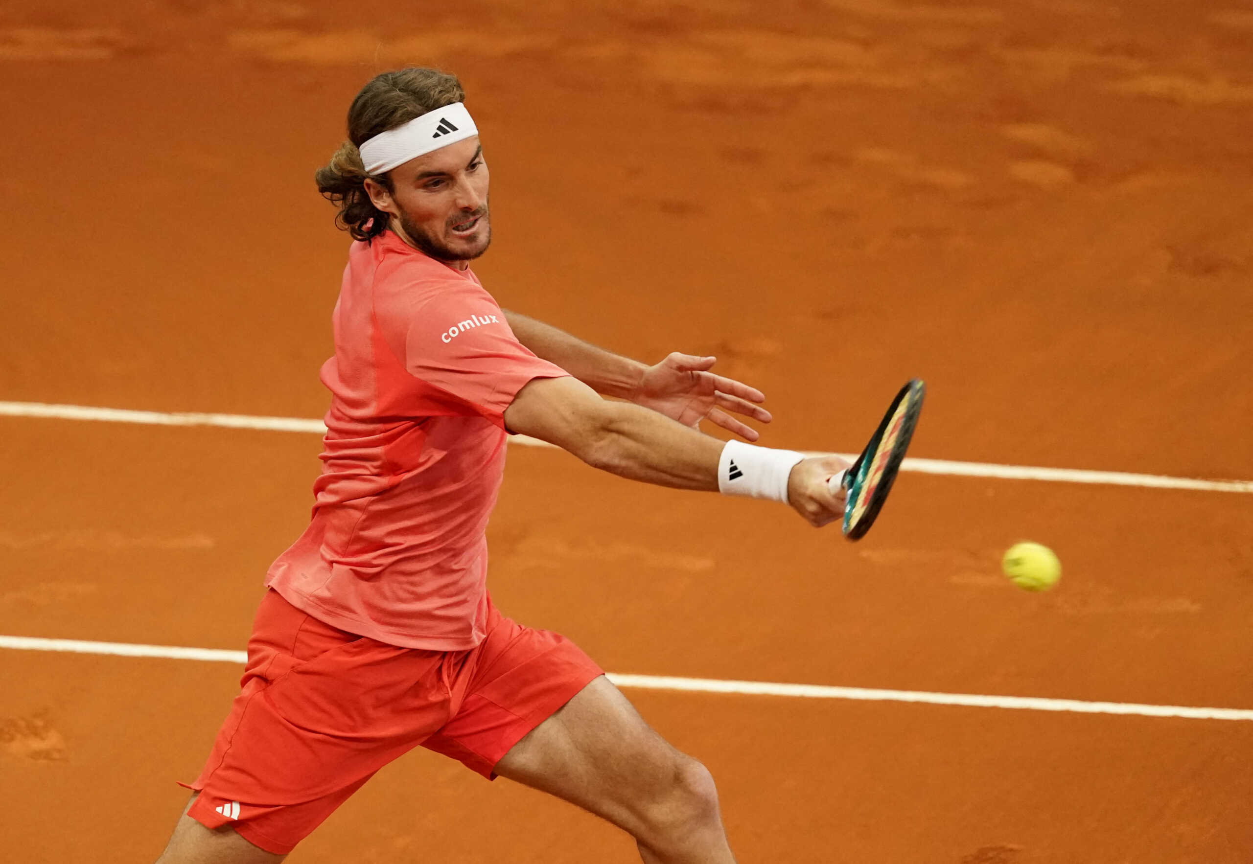 Tennis - Madrid Open - Park Manzanares, Madrid, Spain - April 27, 2024 Greece's Stefanos Tsitsipas in action during his round of 64 match against Brazil's Thiago Monteiro REUTERS