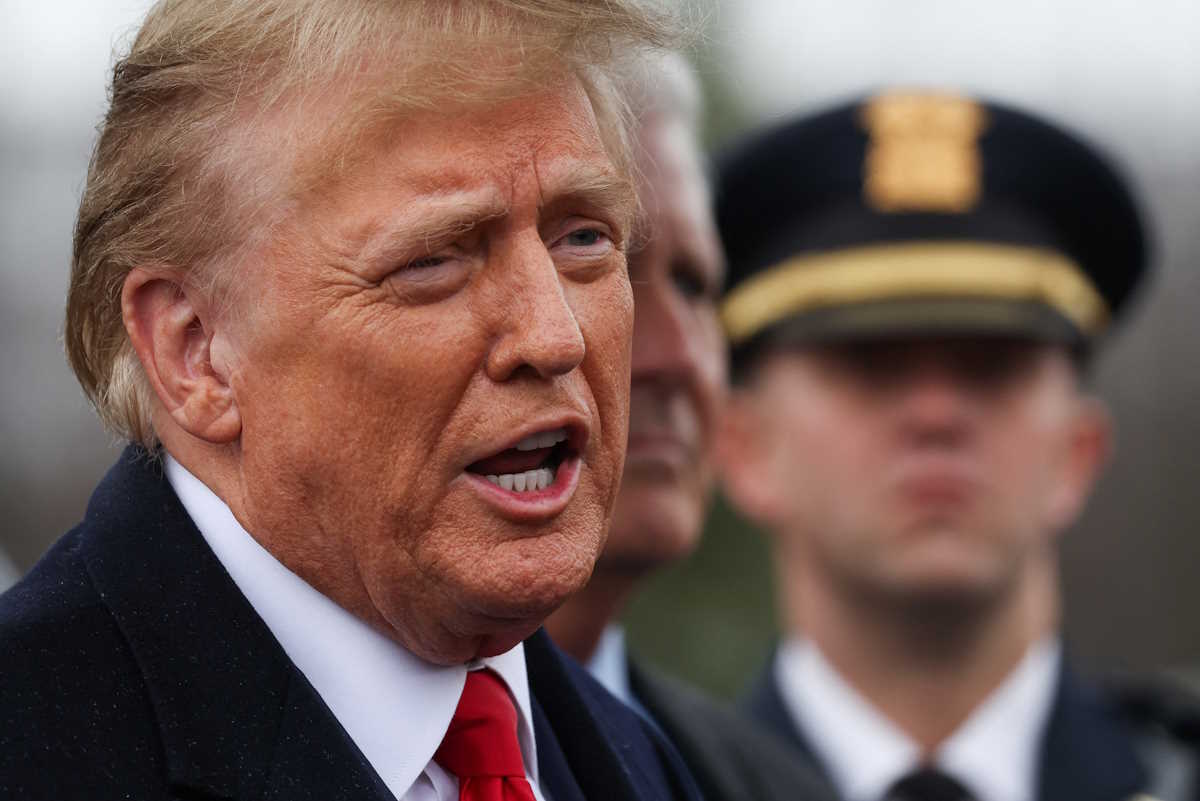 Former U.S. President Donald Trump speaks after attending a wake for New York City Police Department (NYPD) officer Jonathan Diller, who was shot and killed while making a routine traffic stop on March 25 in the Far Rockaway section of Queens,  in Massapequa Park, New York, U.S., March 28, 2024. REUTERS