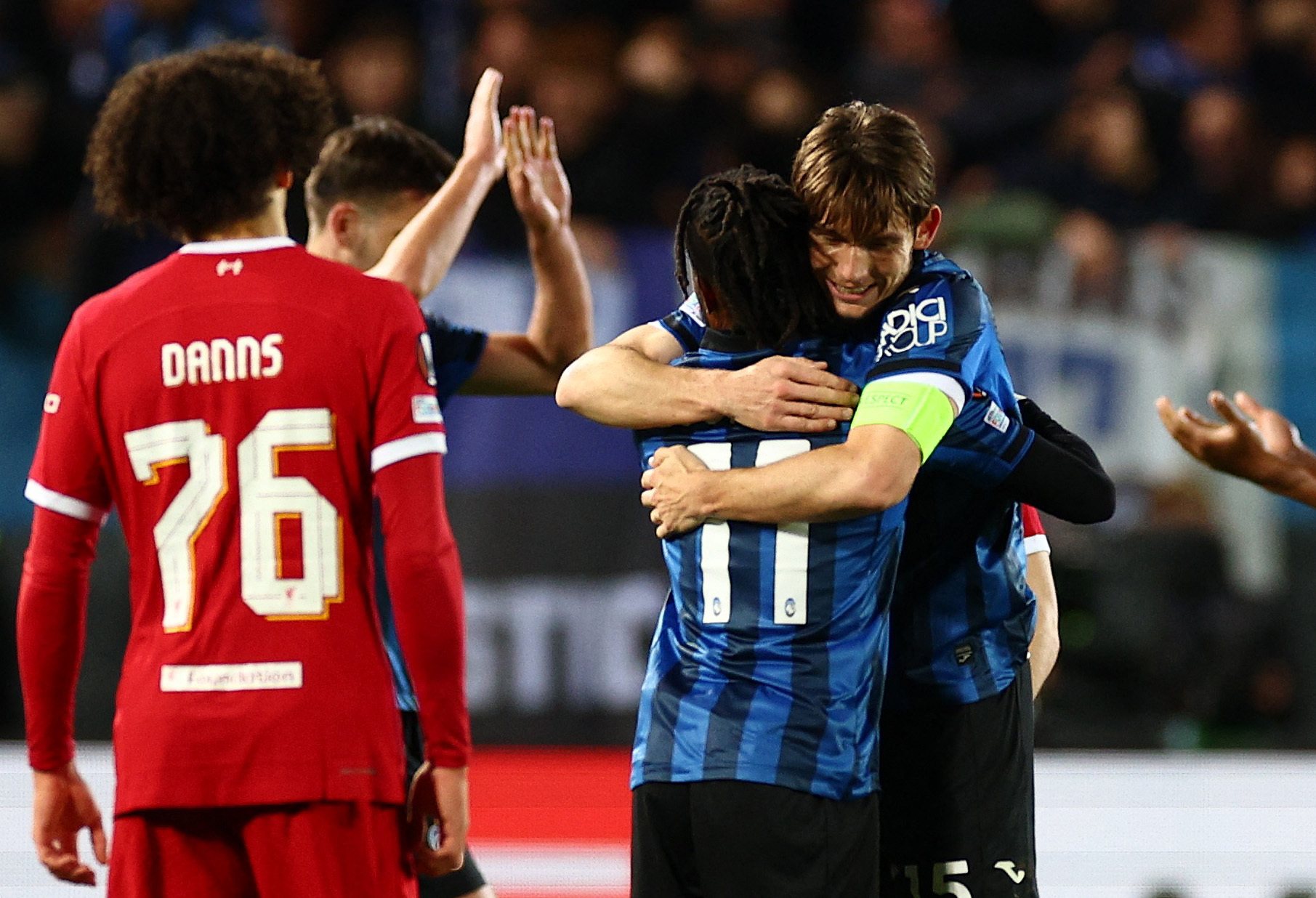 Soccer Football - Europa League - Quarter Final - Second Leg - Atalanta v Liverpool - Stadio Atleti Azzurri, Bergamo, Italy, - April 18, 2024 Atalanta's Marten de Roon and Ademola Lookman celebrate after the match REUTERS