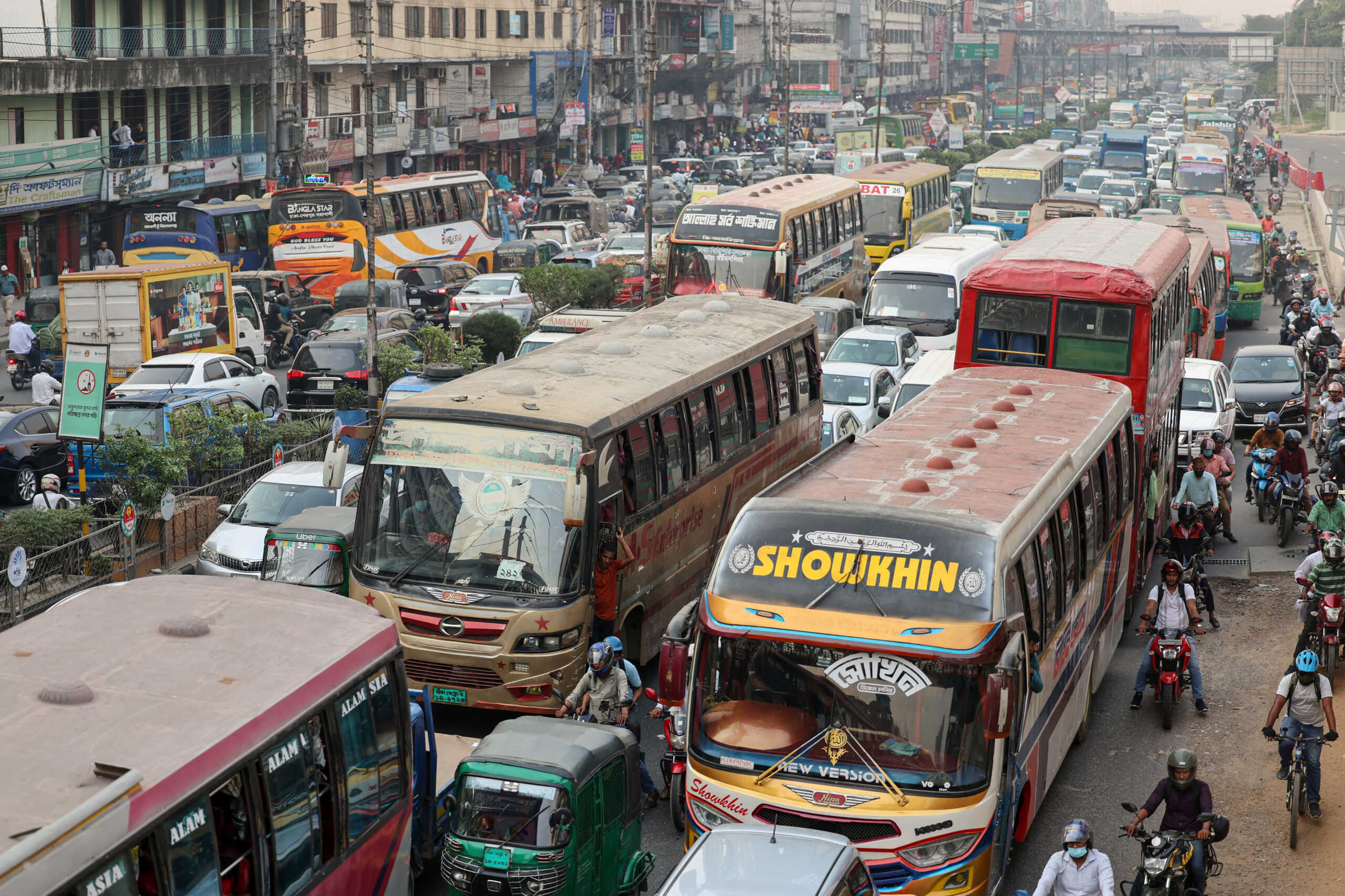 Vehicles are stuck in traffic during the holy month of Ramadan in Dhaka, Bangladesh, April 4, 2024. REUTERS