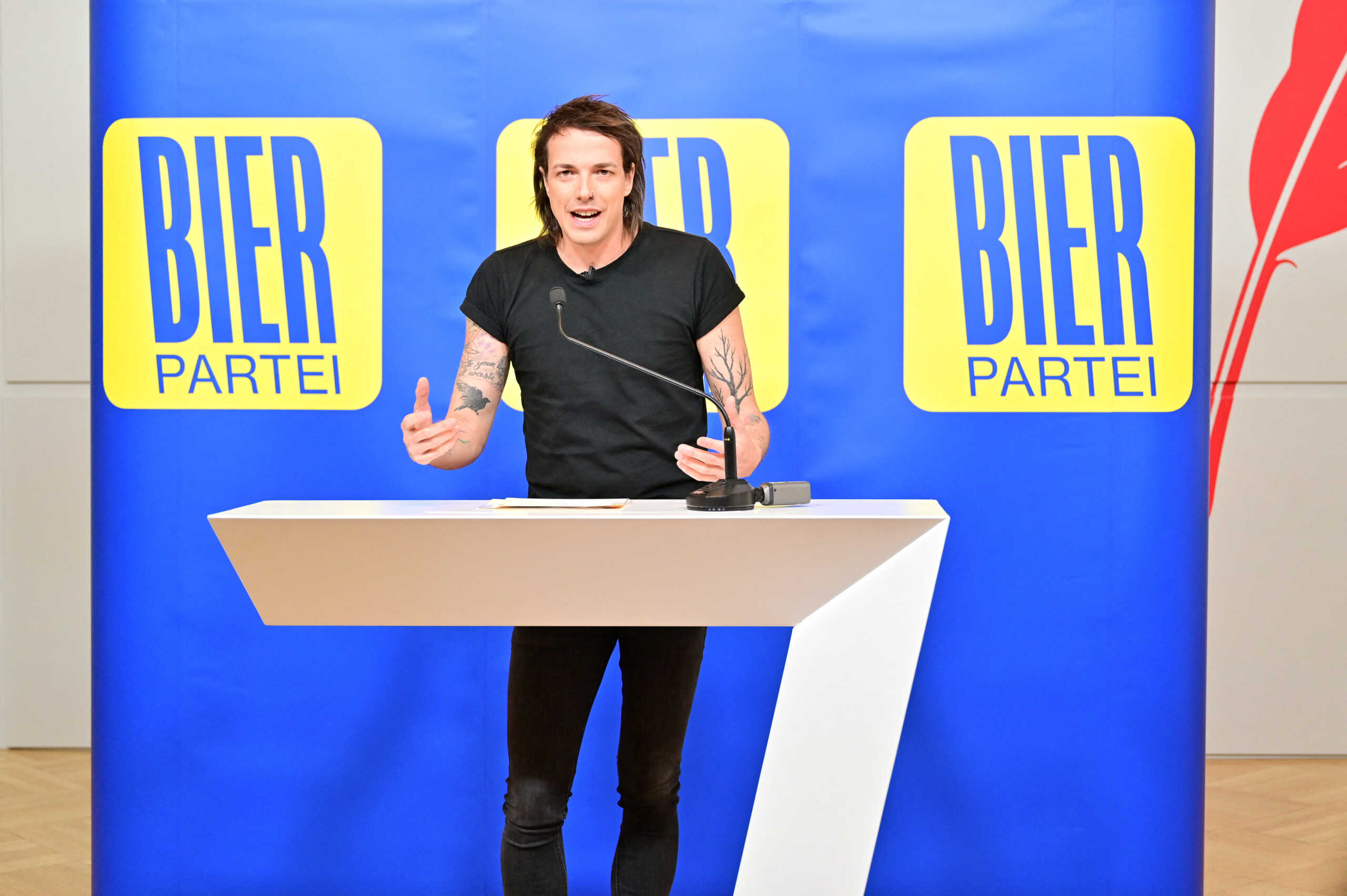 The leader of Austria's Beer Party, Dominik Wlazny, speaks during a press conference on this year's parliamentary election in Vienna, Austria, April 30, 2024. REUTERS