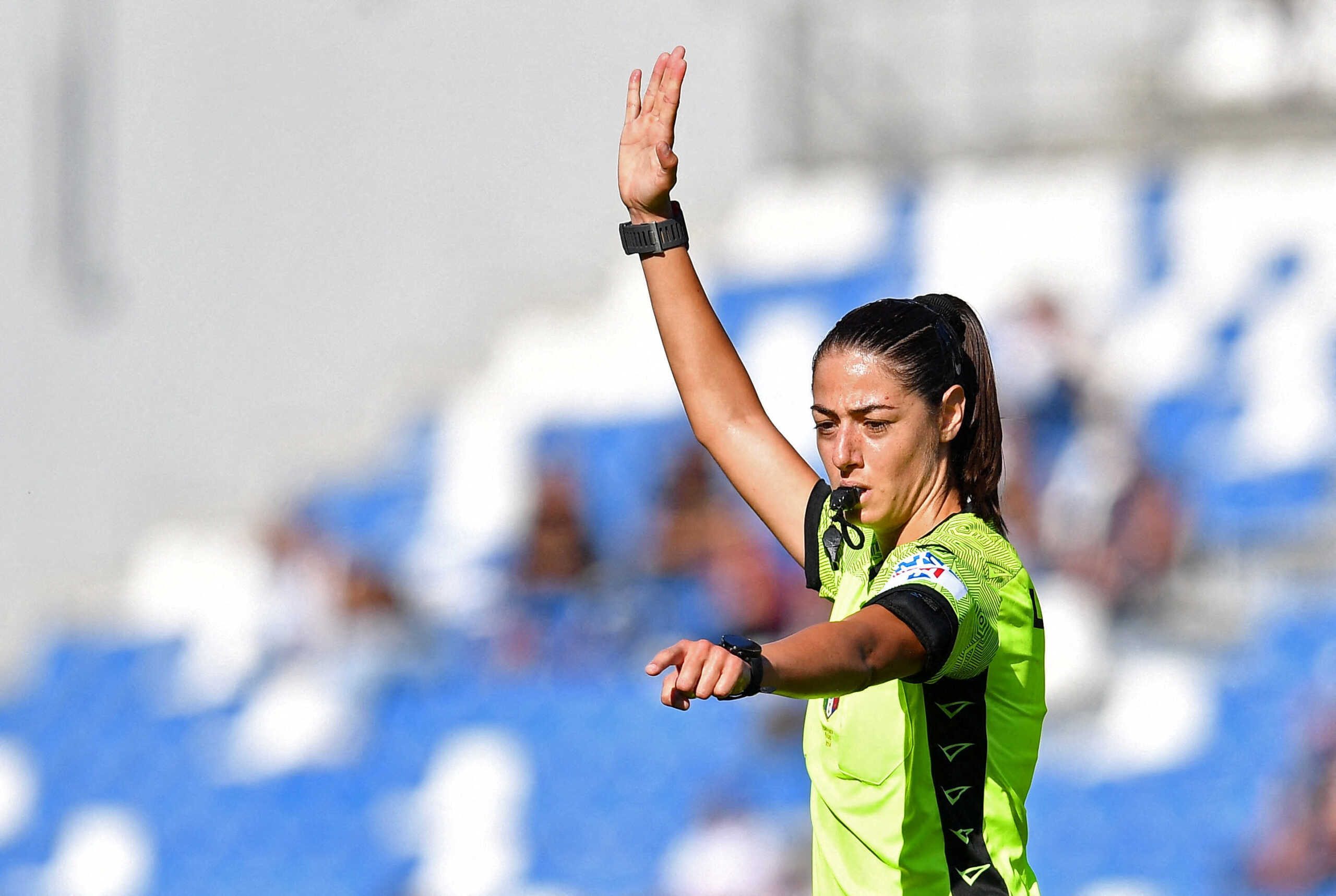 FILE PHOTO: Soccer Football - Serie A - U.S. Sassuolo v Salernitana - Mapei Stadium - Citta del Tricolore, Reggio Emilia, Italy - October 2, 2022 The first female referee in Serie A Maria Sole Ferrieri Caputi signals during the match REUTERS