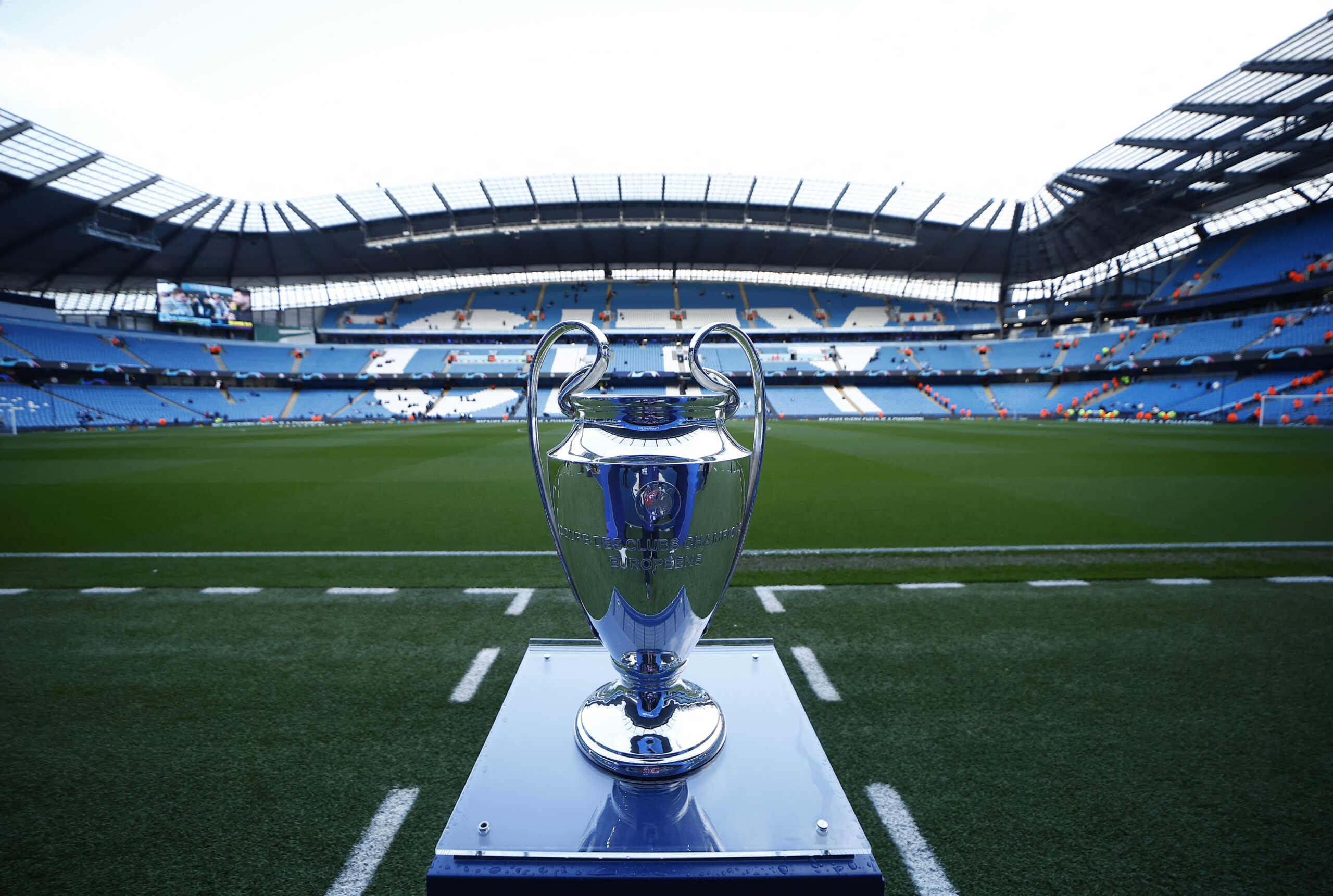 Soccer Football - Champions League - Quarter Final - Second Leg - Manchester City v Real Madrid - Etihad Stadium, Manchester, Britain - April 17, 2024 General view of the trophy inside the stadium before the match Action Images via Reuters