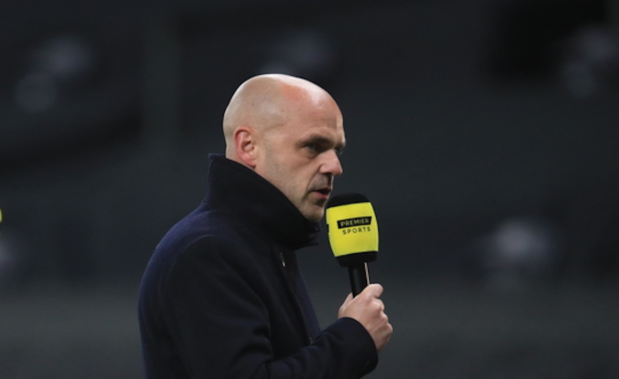 epa08713490 Former soccer player Danny Murphy (R) ahead of the UEFA Europa League playoff soccer match between Tottenham Hotspur and Maccabi Haifa in London, Britain, 01 October 2020.  EPA