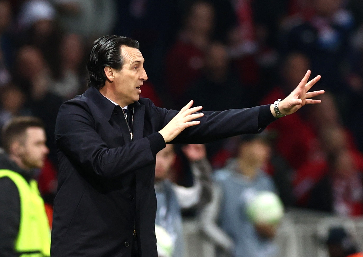 Soccer Football - Europa Conference League - Quarter Final - Second Leg - Lille v Aston Villa - Stade Pierre-Mauroy, Villeneuve-d'Ascq, France - April 18, 2024 Aston Villa manager Unai Emery reacts REUTERS