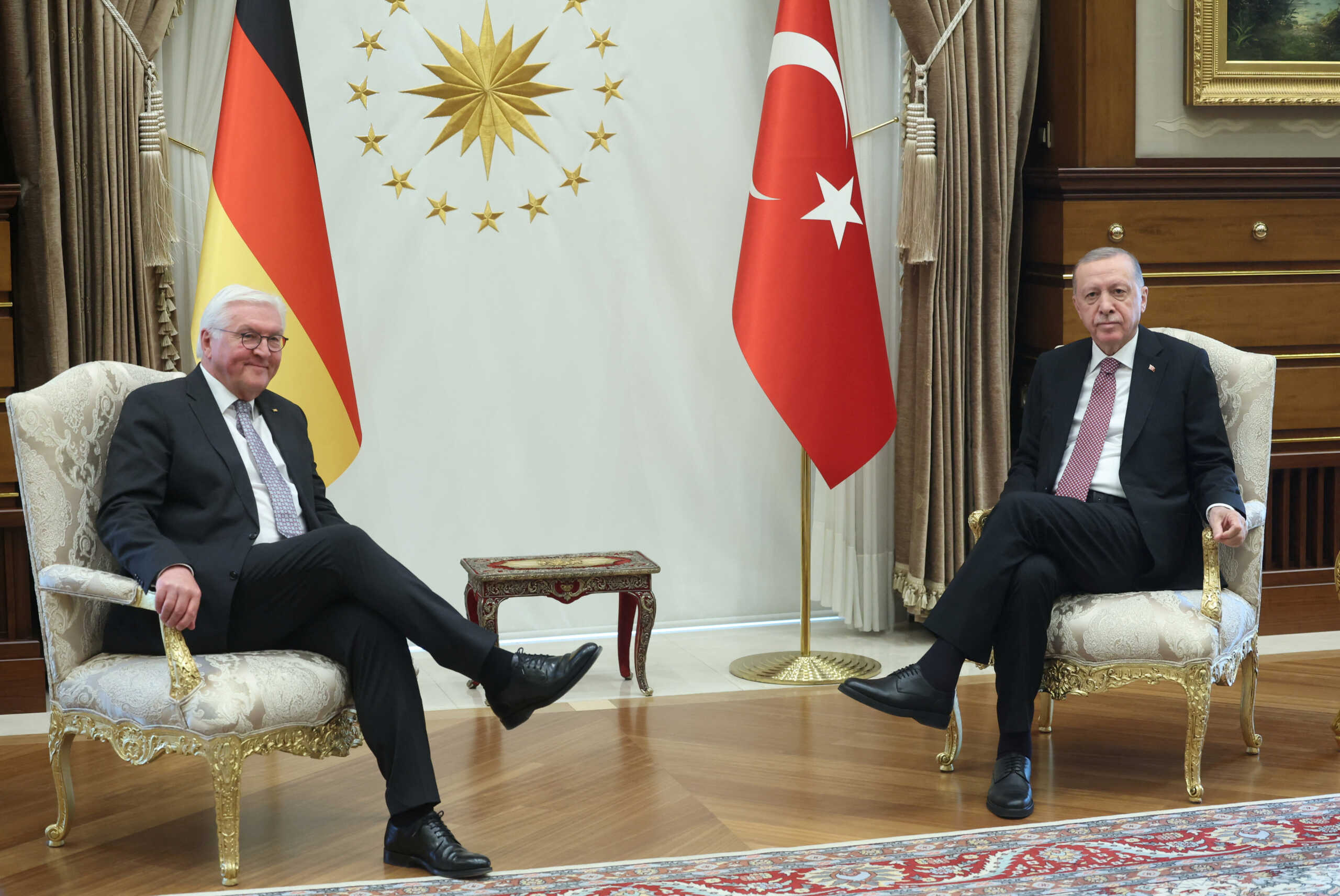 Turkey's President Tayyip Erdogan meets with German President Frank-Walter Steinmeier at the Presidential Palace in Ankara, Turkey, April 24, 2024. Murat Cetinmuhurdar