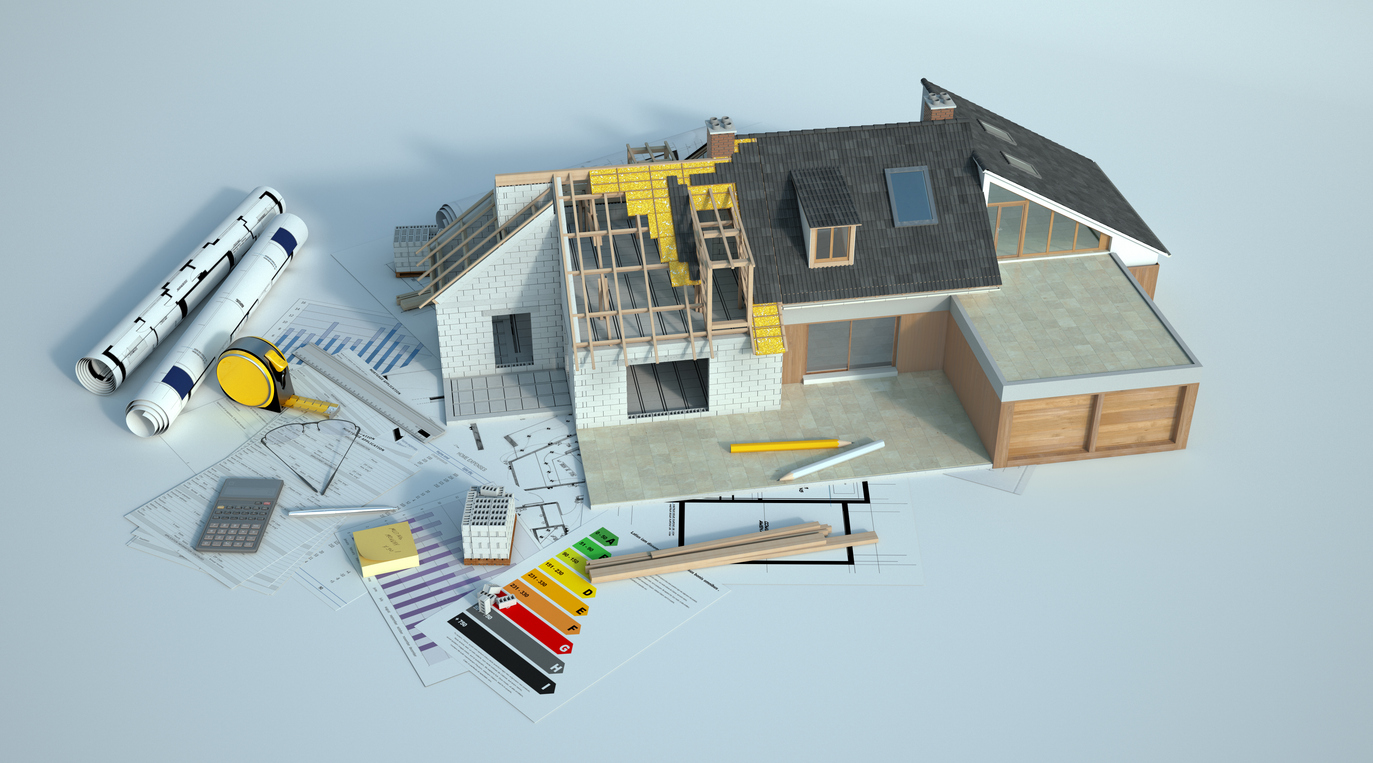 3D rendering of a house undergoing amplifying renovations with an energy chart, blueprints and other documents