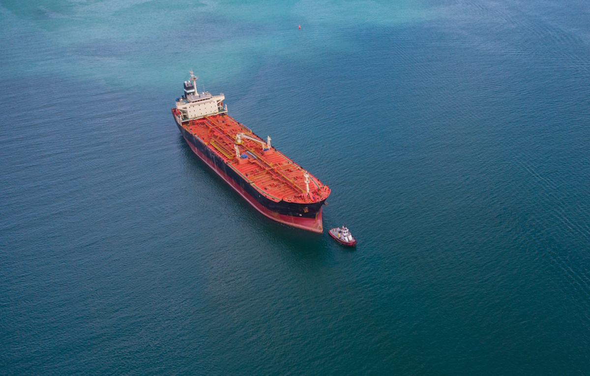 Aerial view of industrial fuel and petrochemical tanker cruising sea