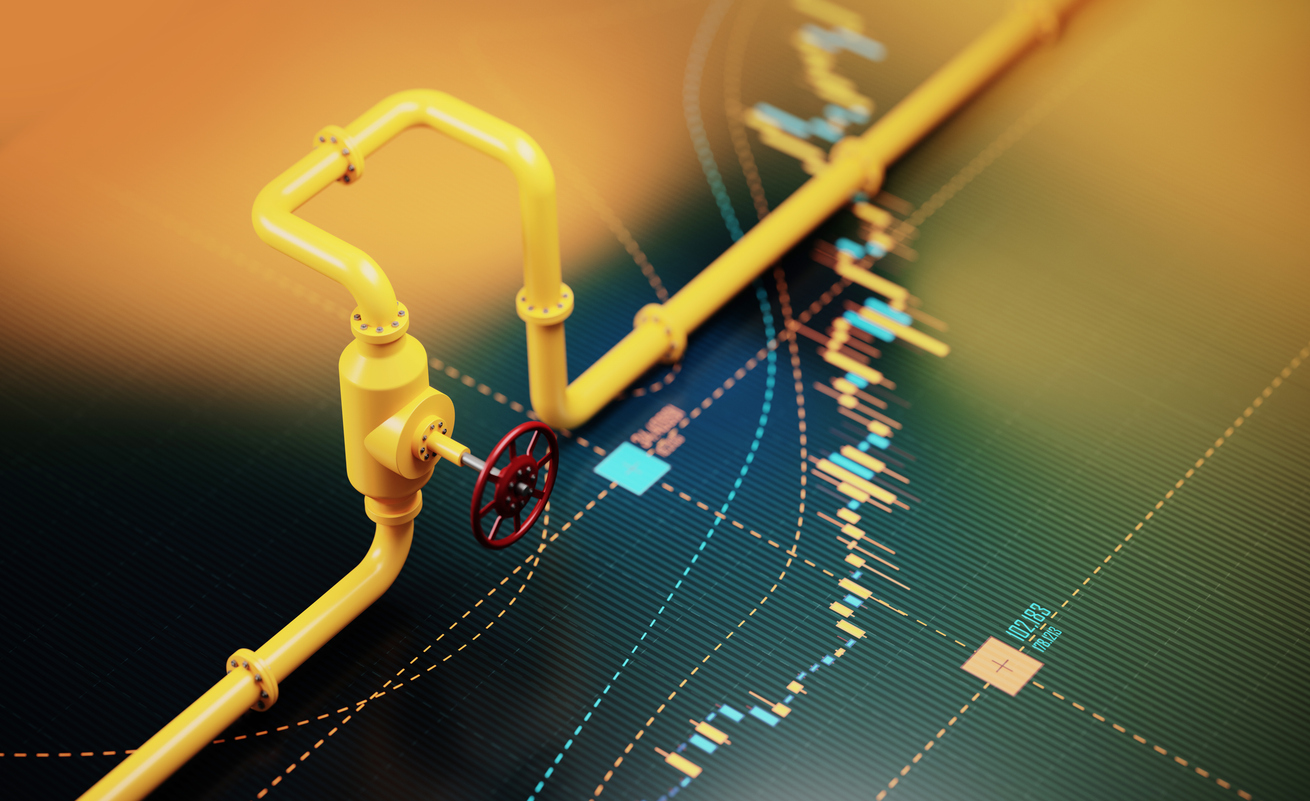 Yellow natural gas pipes sitting on yellow chart. Horizontal composition with copy space. Energy crisis and finance concept.