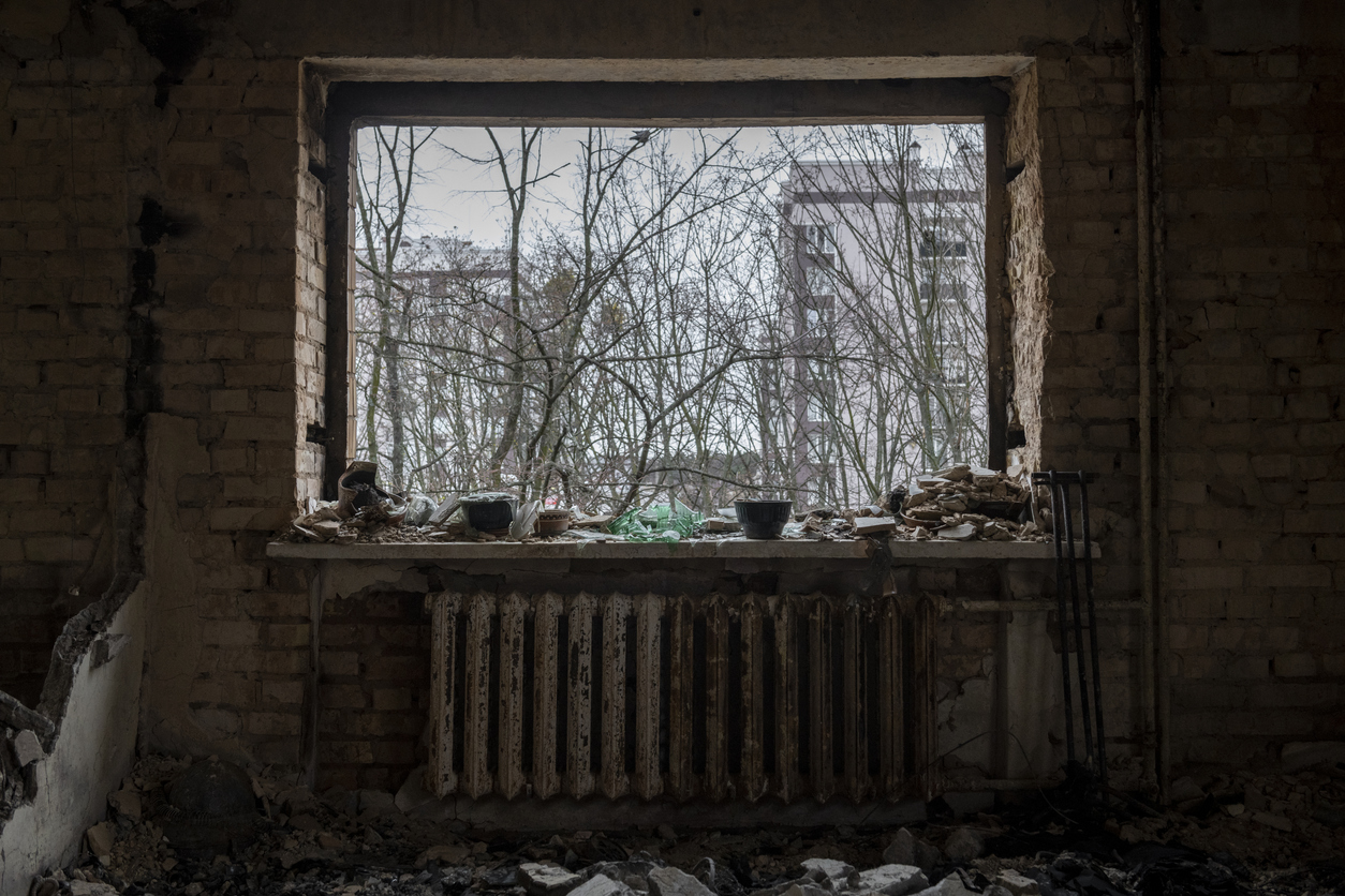An apartment in the Ukrainian town of Bucha, a suburb of Kyiv, was gutted after being hit by a shell and catching fire during fighting between Ukrainian and Russian militaries in March 2022.